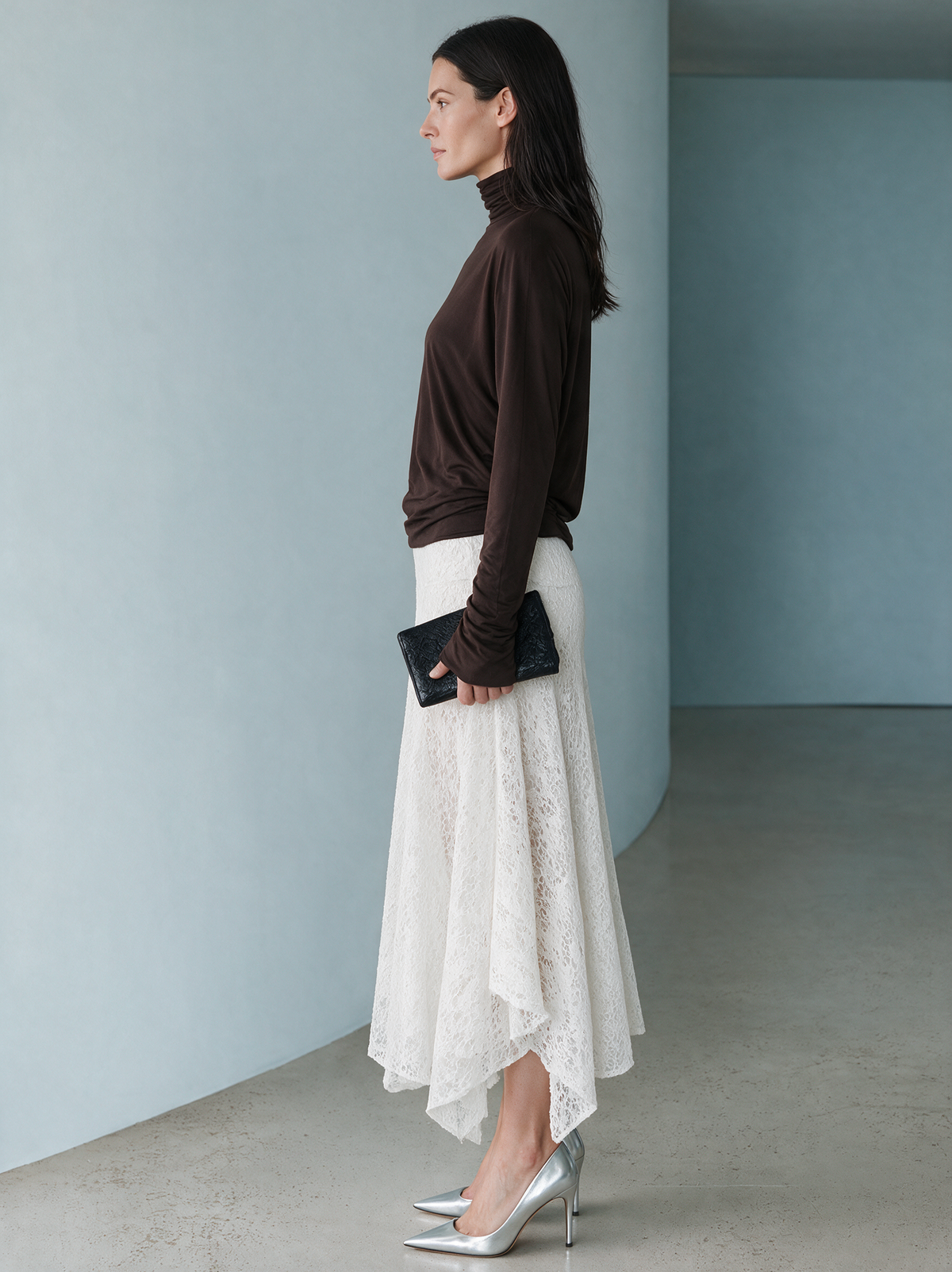 Women's High-Neck Stretch Top & Asymmetric Lace Skirt Set