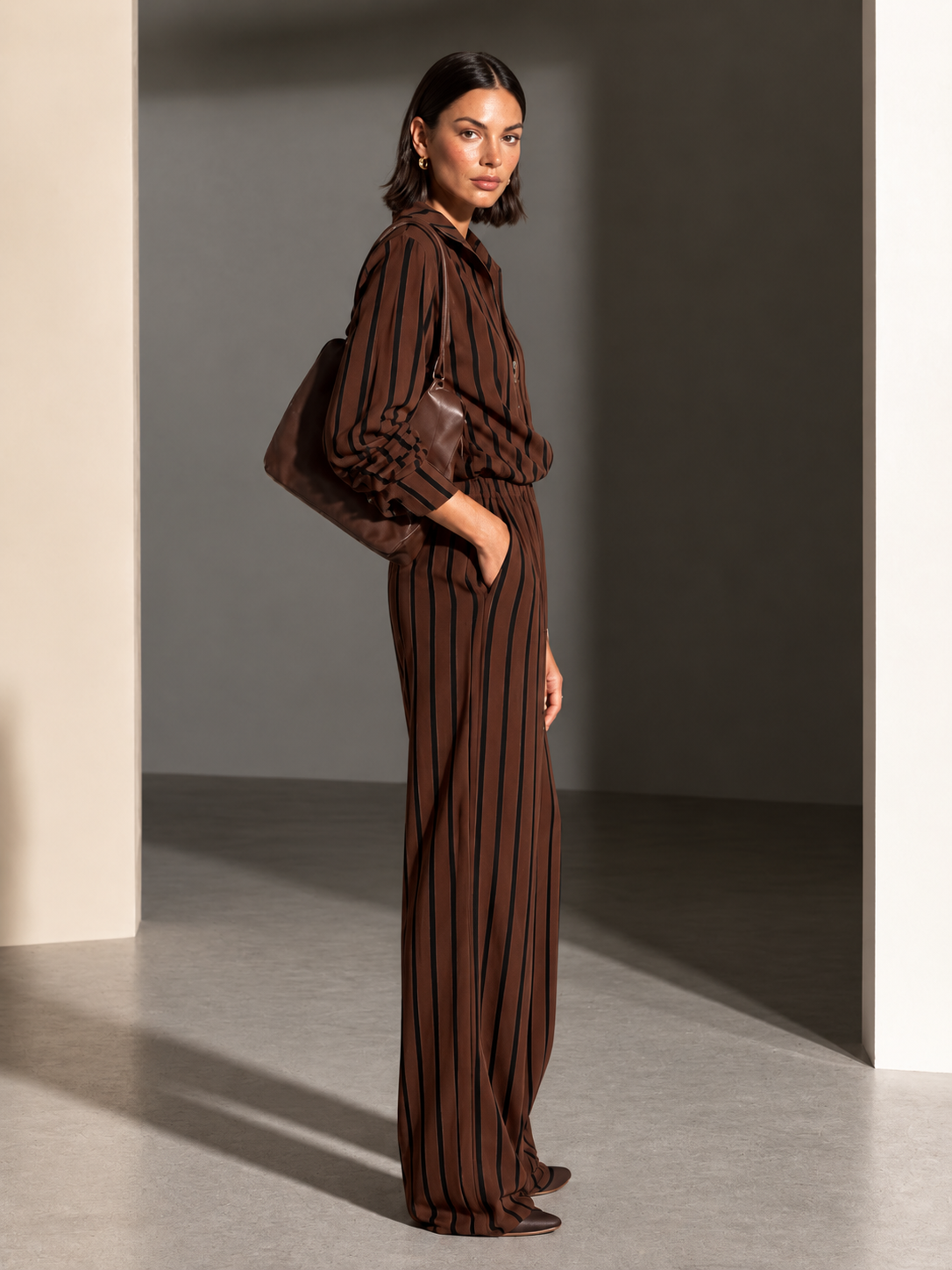 Women's Striped Half-Zip Casual Wide-Leg Pants Set MDZ0151I1GMJ