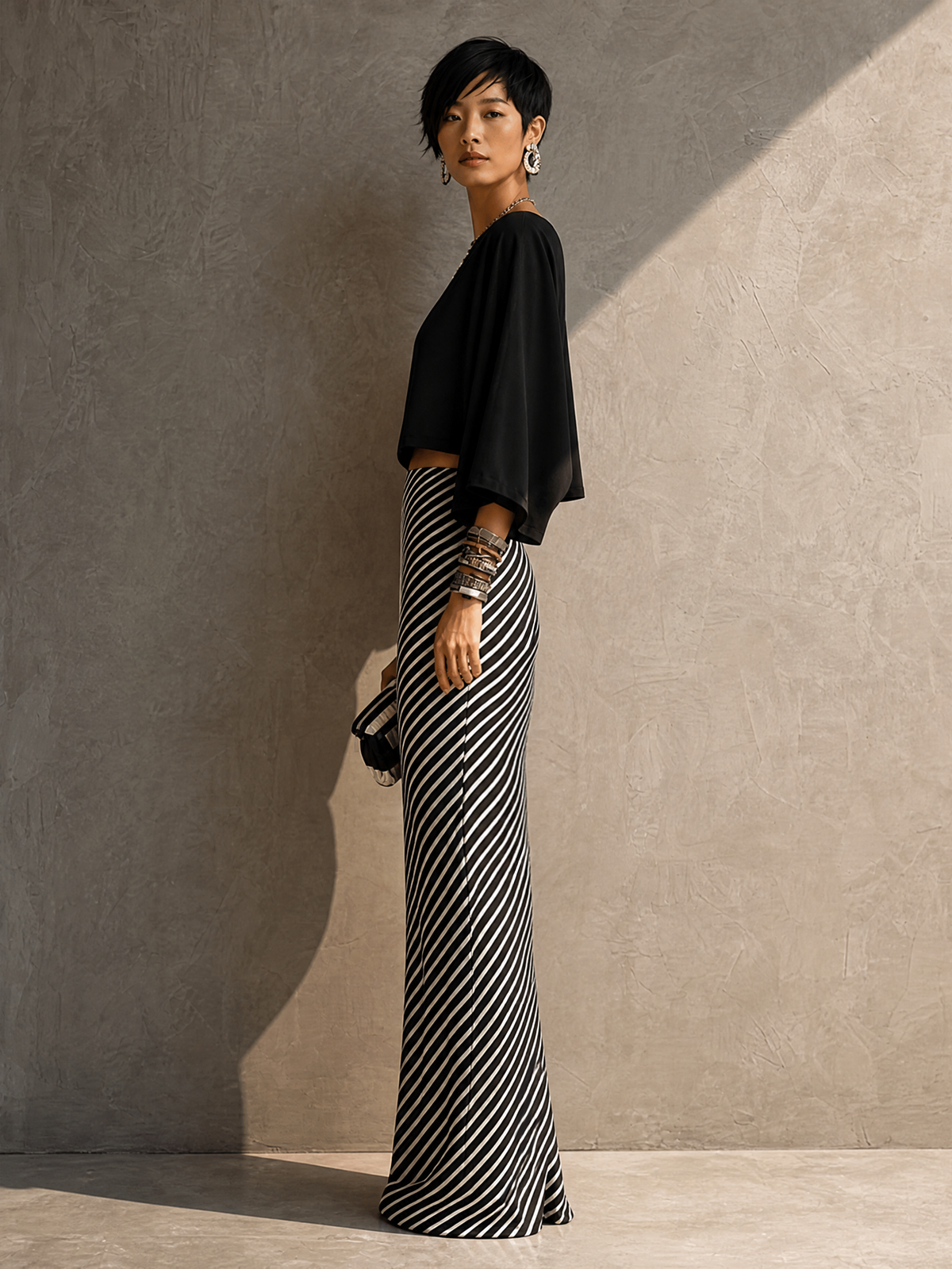 Women's Modern Elegant Black White Knit Cotton Blend One-Shoulder Striped Maxi Skirt Set MDZ2985G7GMJ