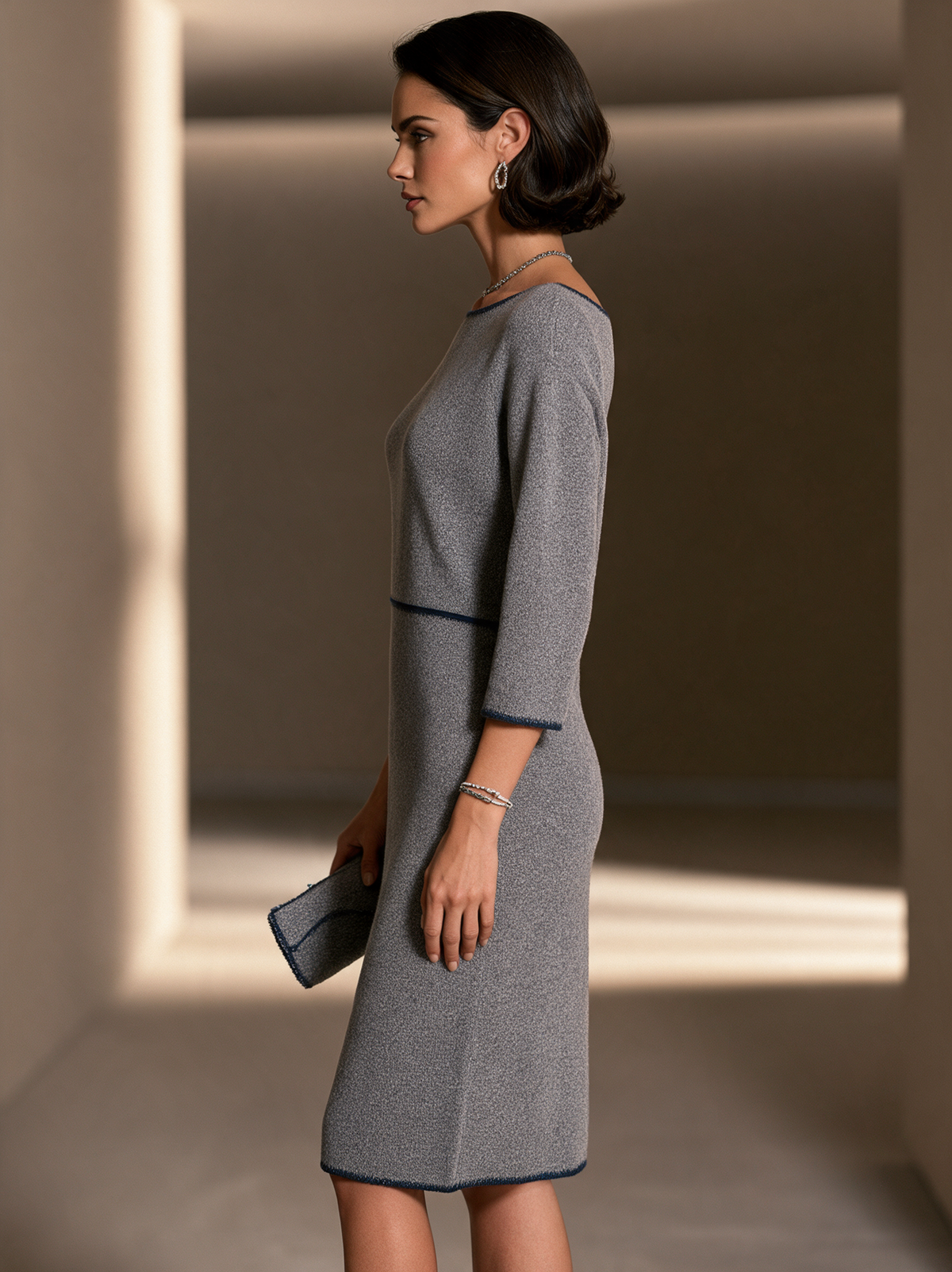 Women's Contrast Trim Commuter Knit Midi Dress MDZ3168H2GMJ