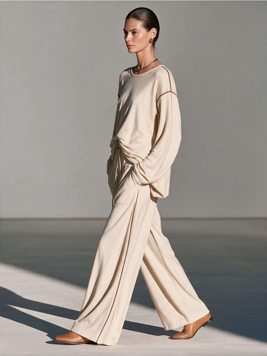 Women's Round-Neck Topstitch Drop-Shoulder Long-Sleeve Top And Drawstring Wide-Leg Pants Set MDZ0310I7CMX
