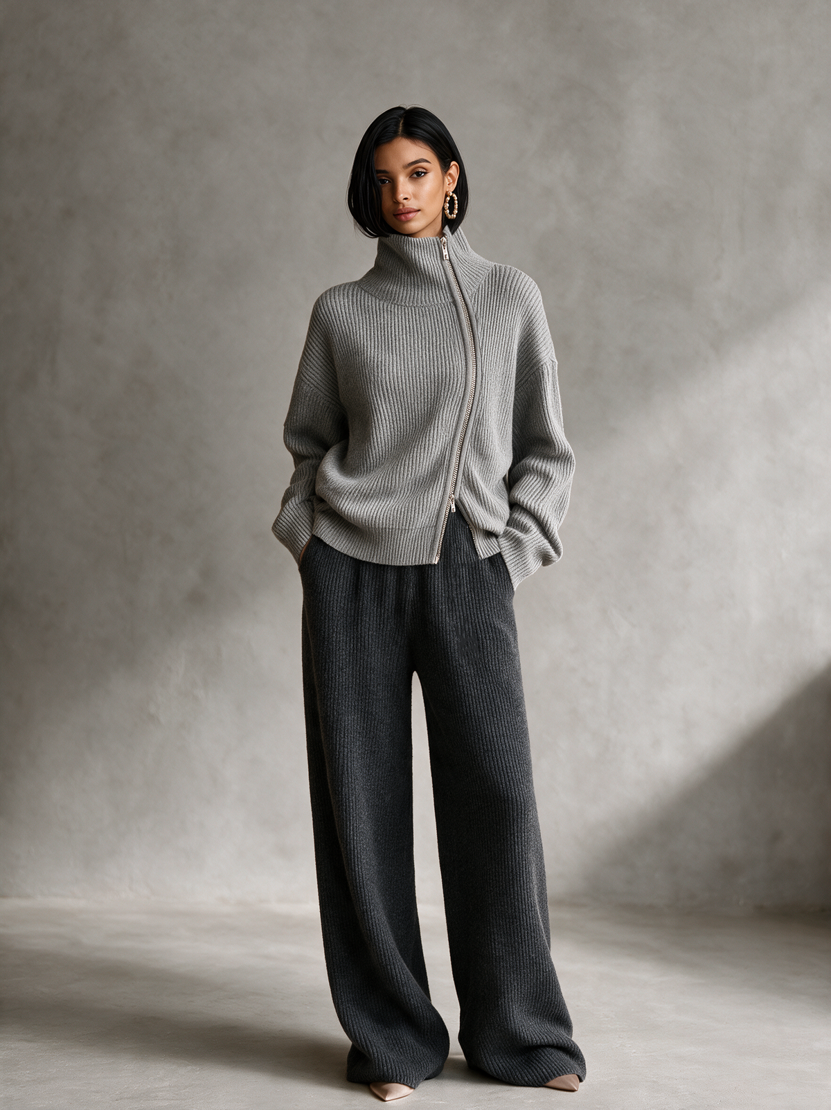 Women's Grey Diagonal‑Zip Funnel Neck Knit Sweater MDZ0365I7R