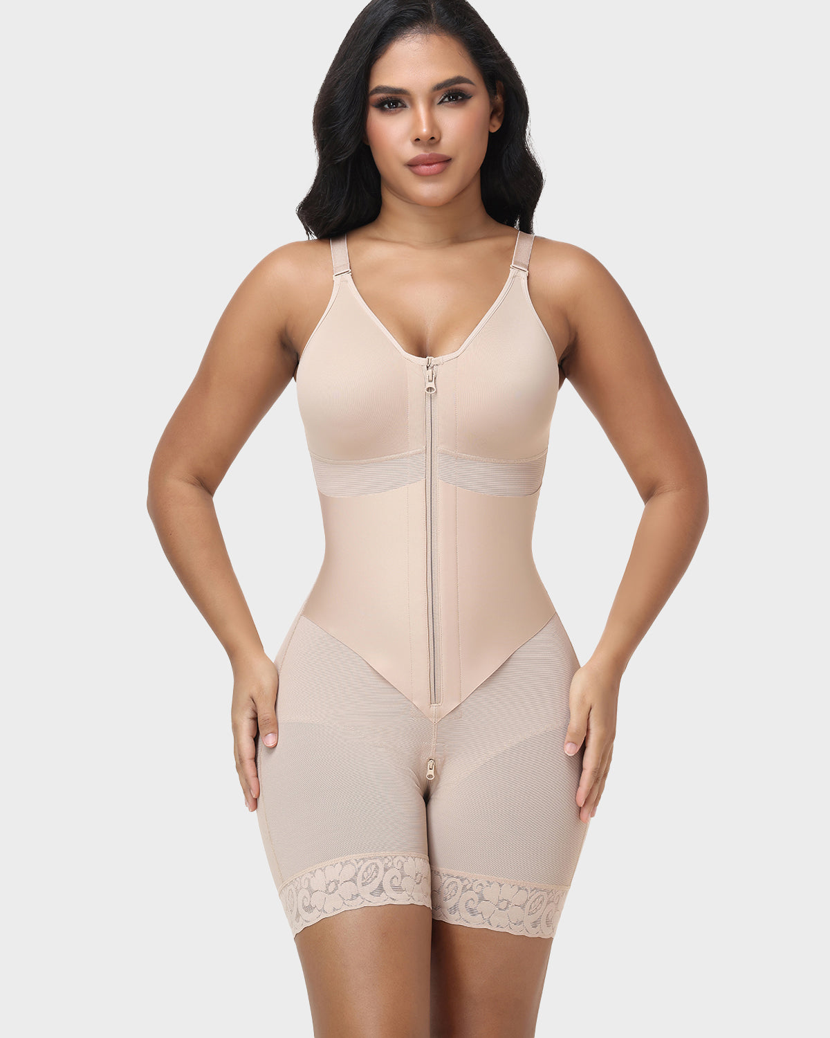V Neck Adjustable Strap Tummy Conrol Zipper Bodysuit Shaper