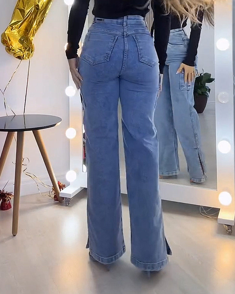 Shapshe® Women's Zipper Cargo Jeans with Side Slits - By Qivii
