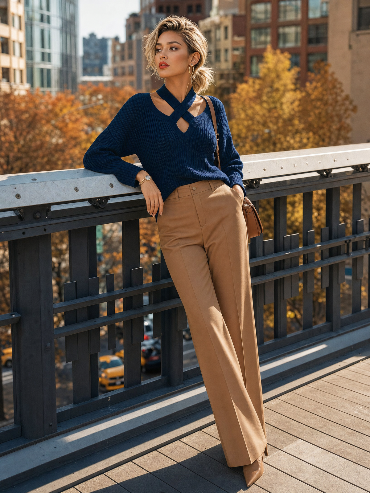 Women's Crisscross Cutout Ribbed Navy Sweater MDZ0331I0YZJ