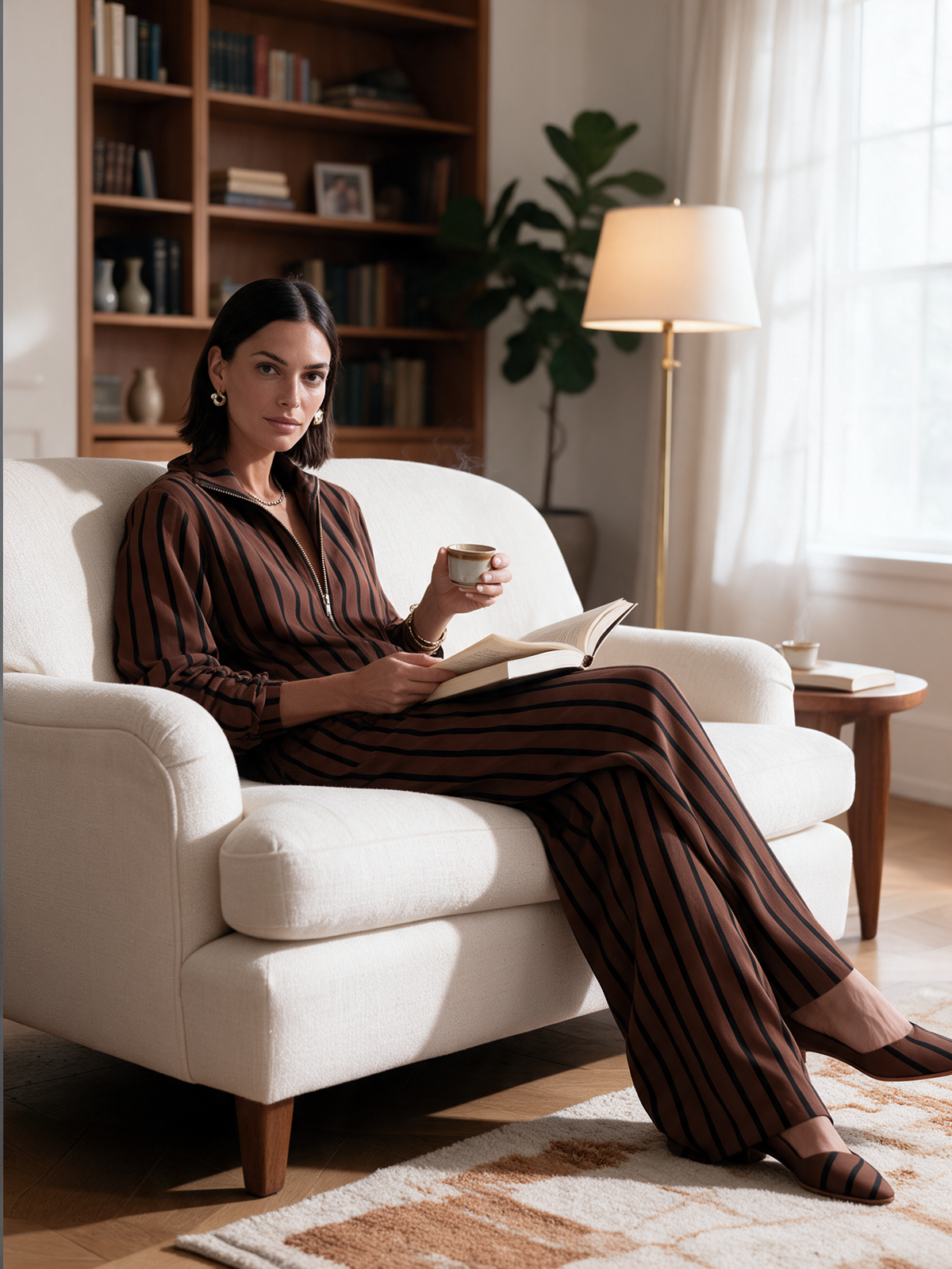 Women's Striped Half-Zip Casual Wide-Leg Pants Set MDZ0151I1GMJ