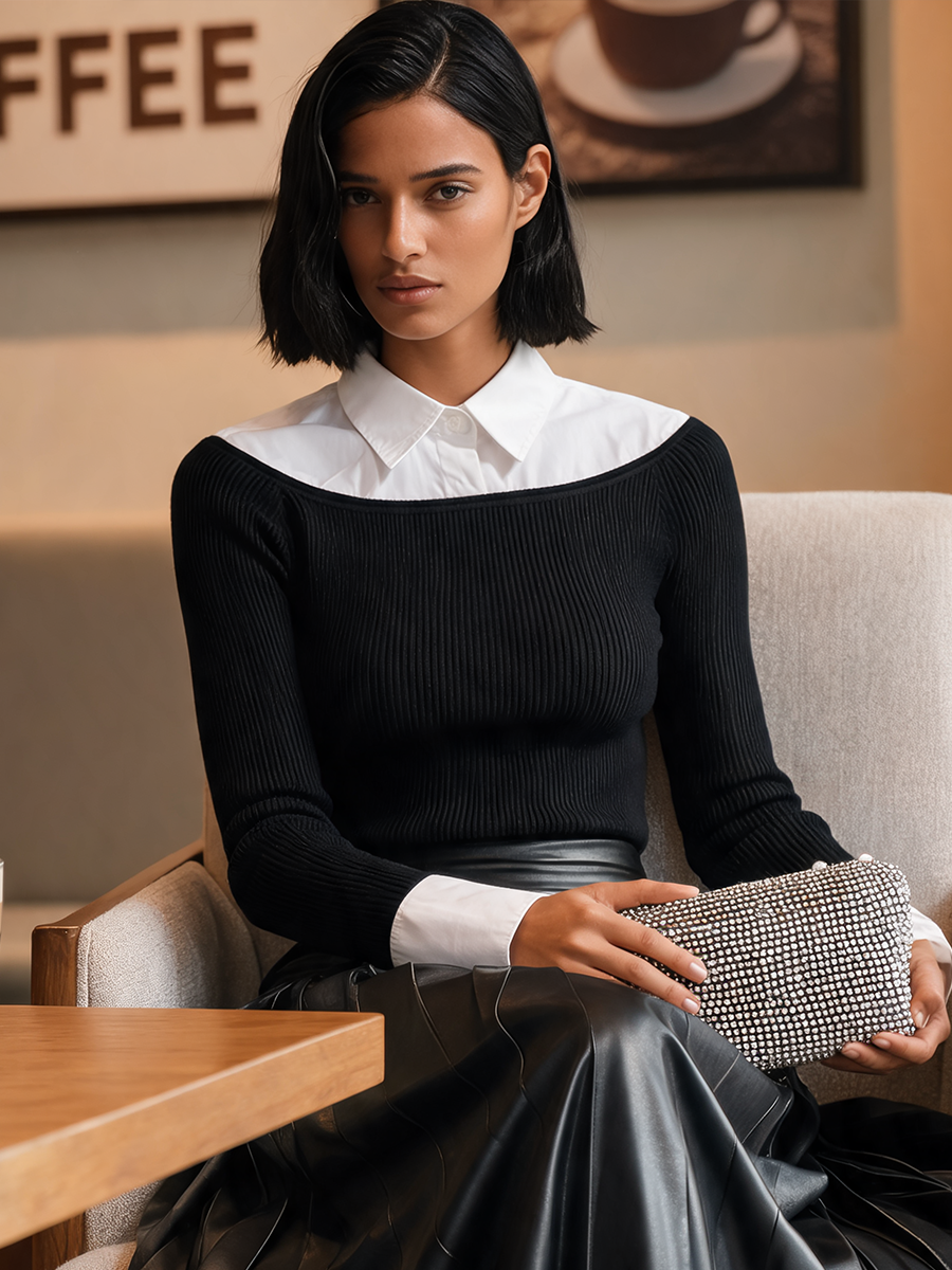 Women's Faux-Layer Paneled Knit Top MDZ2189H9ZRK