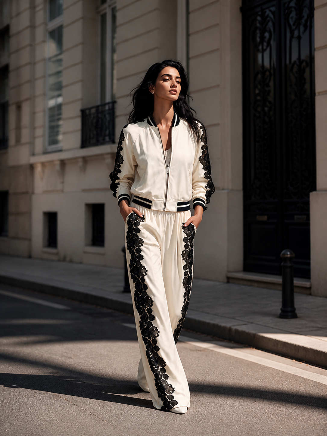 Women's Cropped Long-Sleeve Top & Wide-Leg Pants Set With Lace Paneling MDZ2628H1ZRK