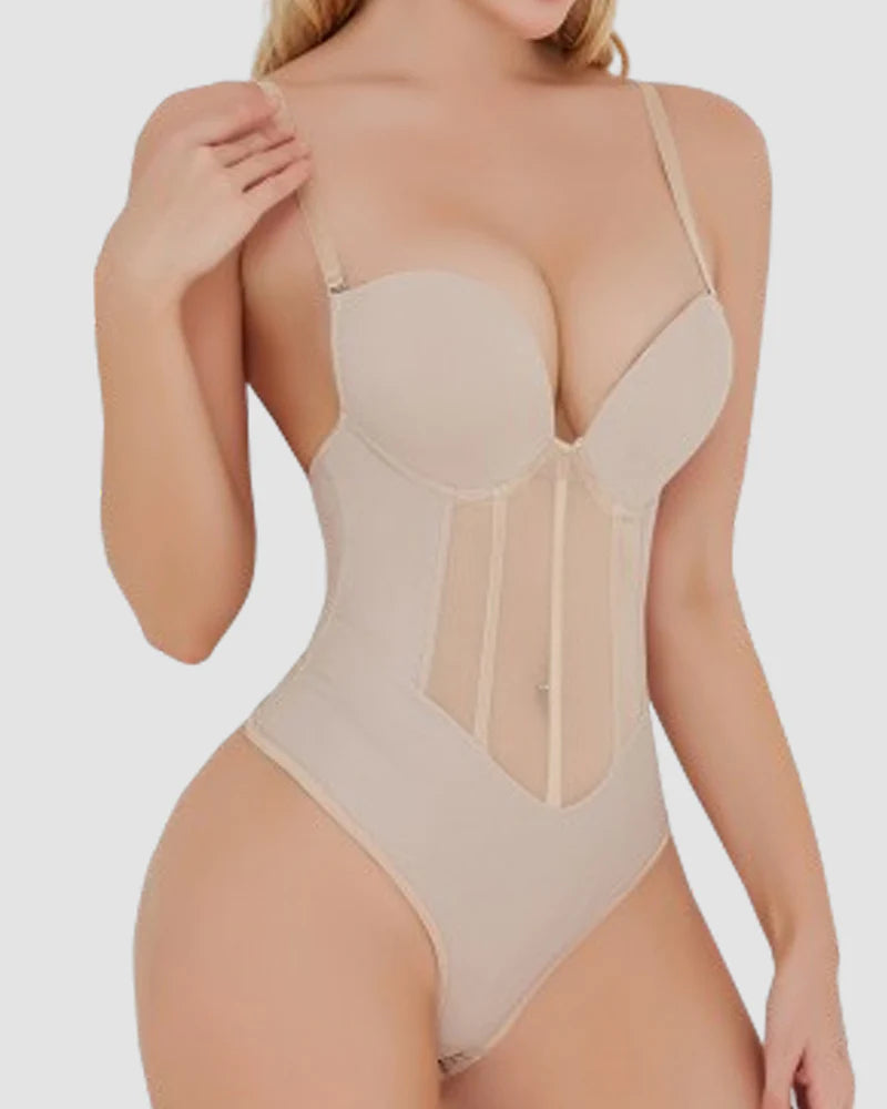 Women's Tummy Control Thong Sheer Mesh Corset Top Backless Bodysuits - By Qivii