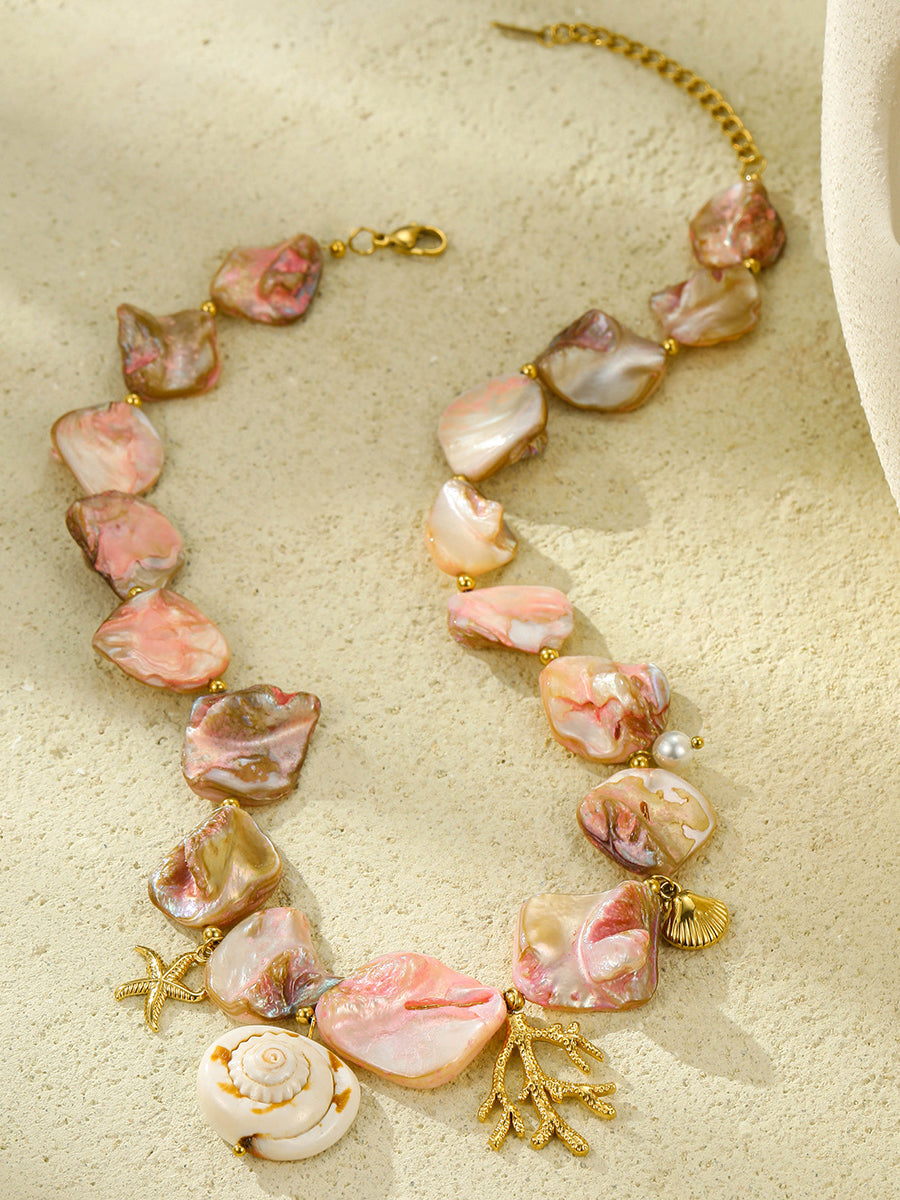 Beach Style Pink Shell Coral Stainless Steel Necklace - By Qivii