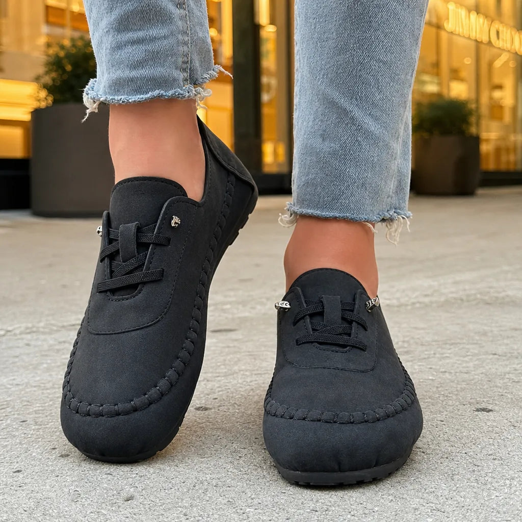Black Danforth women's orthopedic lace-up loafers by Hudson Ridge, showcasing comfortable, supportive footwear with a classic design.