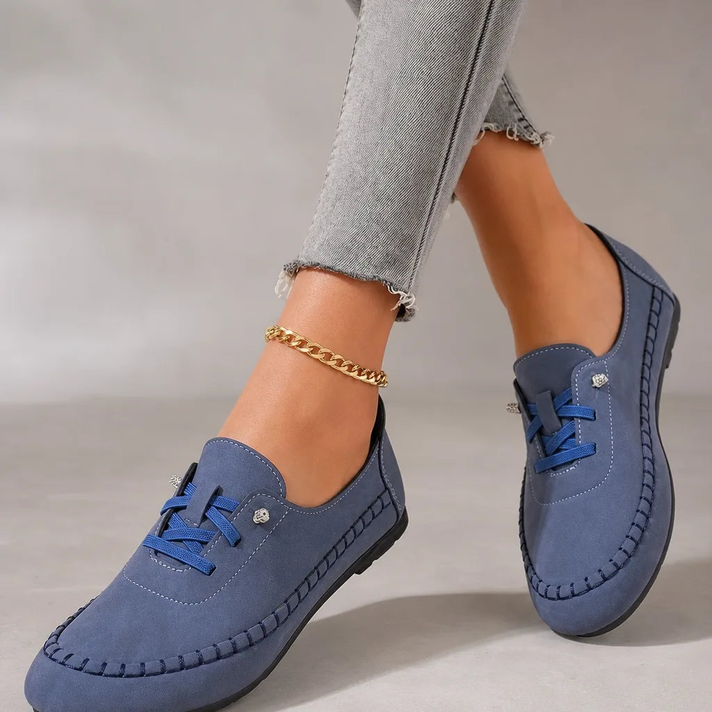Blue Danforth women's orthopedic lace-up loafers by Hudson Ridge, stylish and supportive footwear for comfortable everyday wear.
