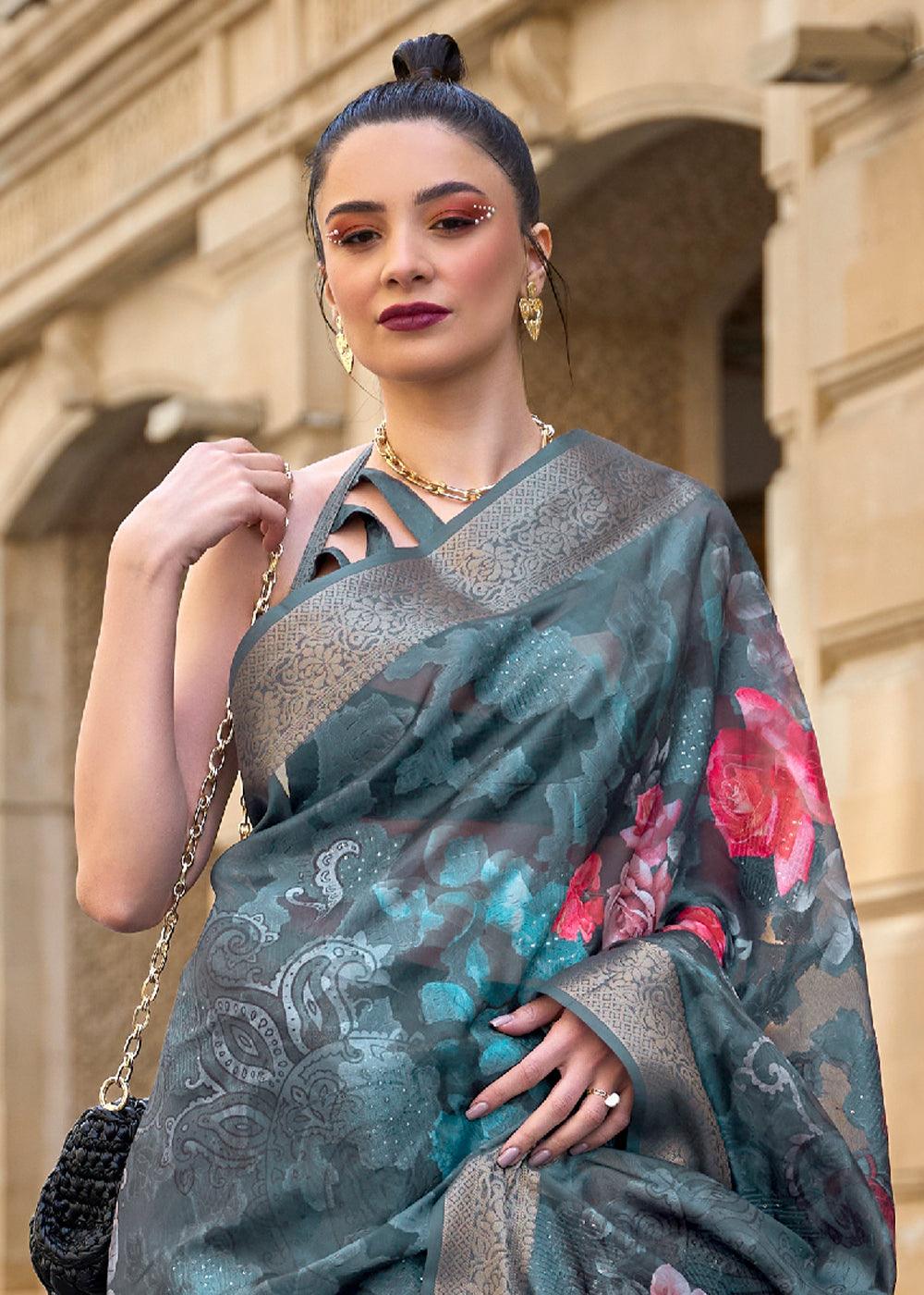 Dark Blue Printed Soft Silk Saree - qivii