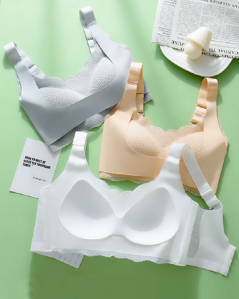 Seamless Fixed Full Cup Bra Ultra-thin Sexy Lace Push Up Wave Trim Bralette - By Qivii