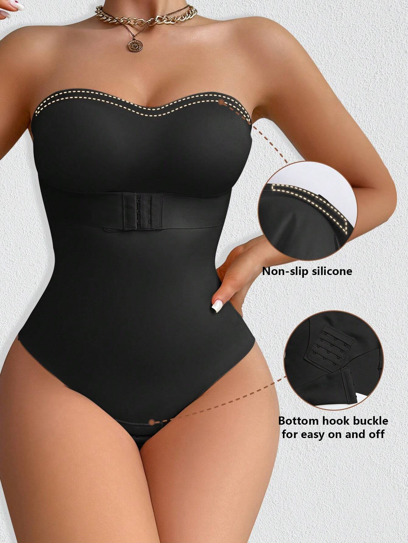 Women's Strapless Tummy Control One Piece Seamless Thong Shapewear Bodysuits - By Qivii