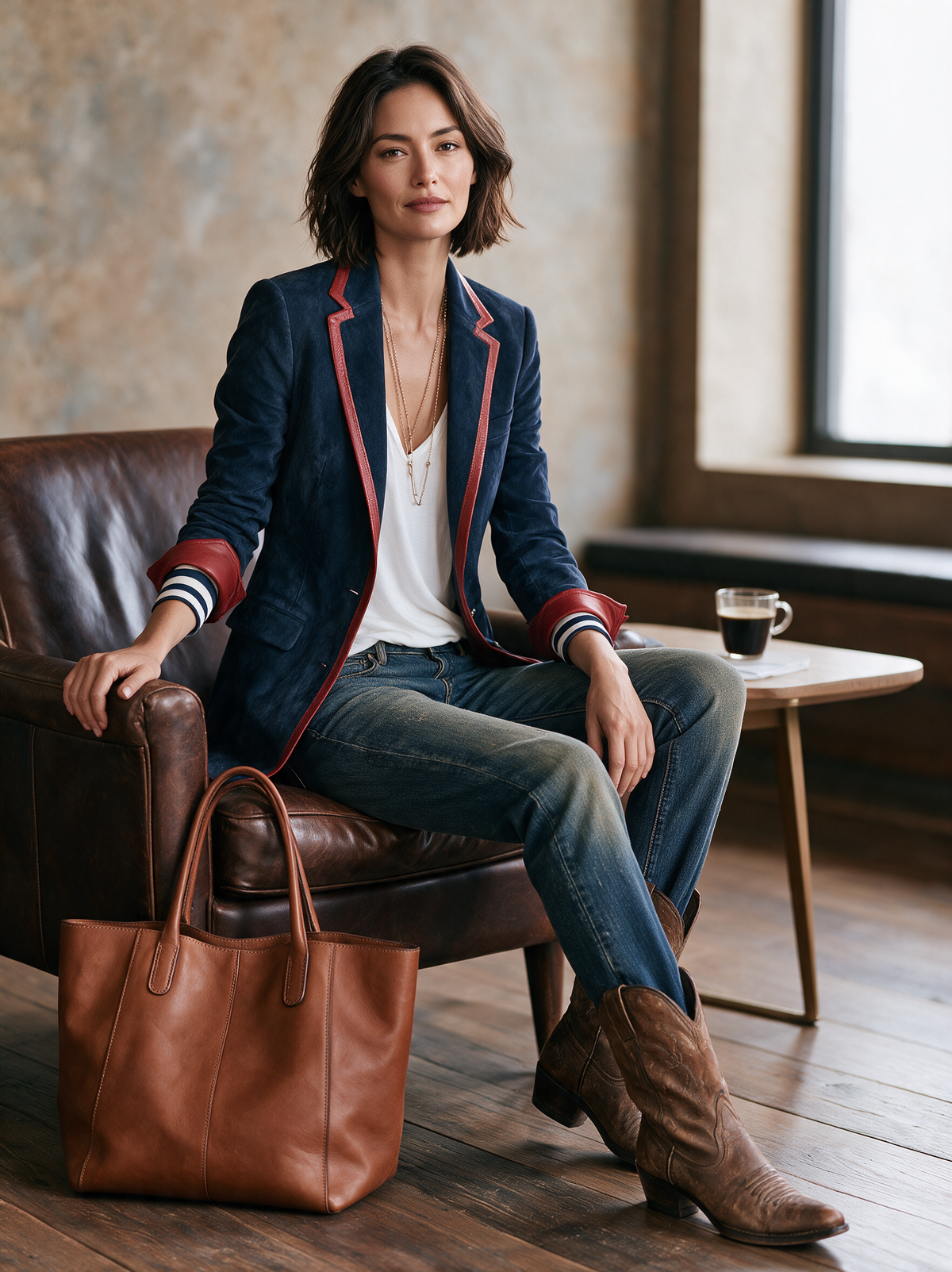 Women's Vintage-style Faux Suede Blazer With Red Leather Trim MDZ2570H7WY
