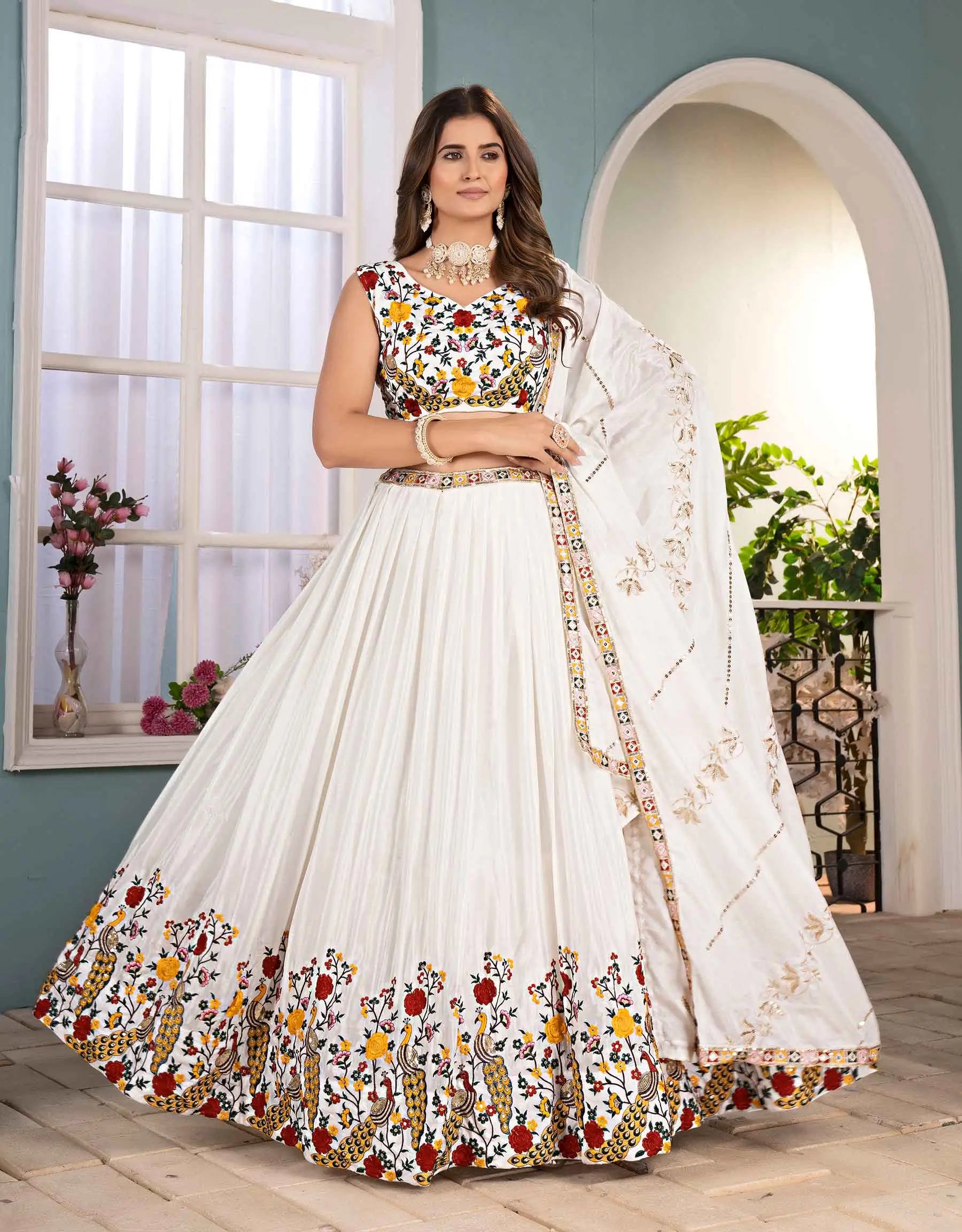 White Multi Thread Sequins Embroidery Design Work Lehenga Choli - qivii