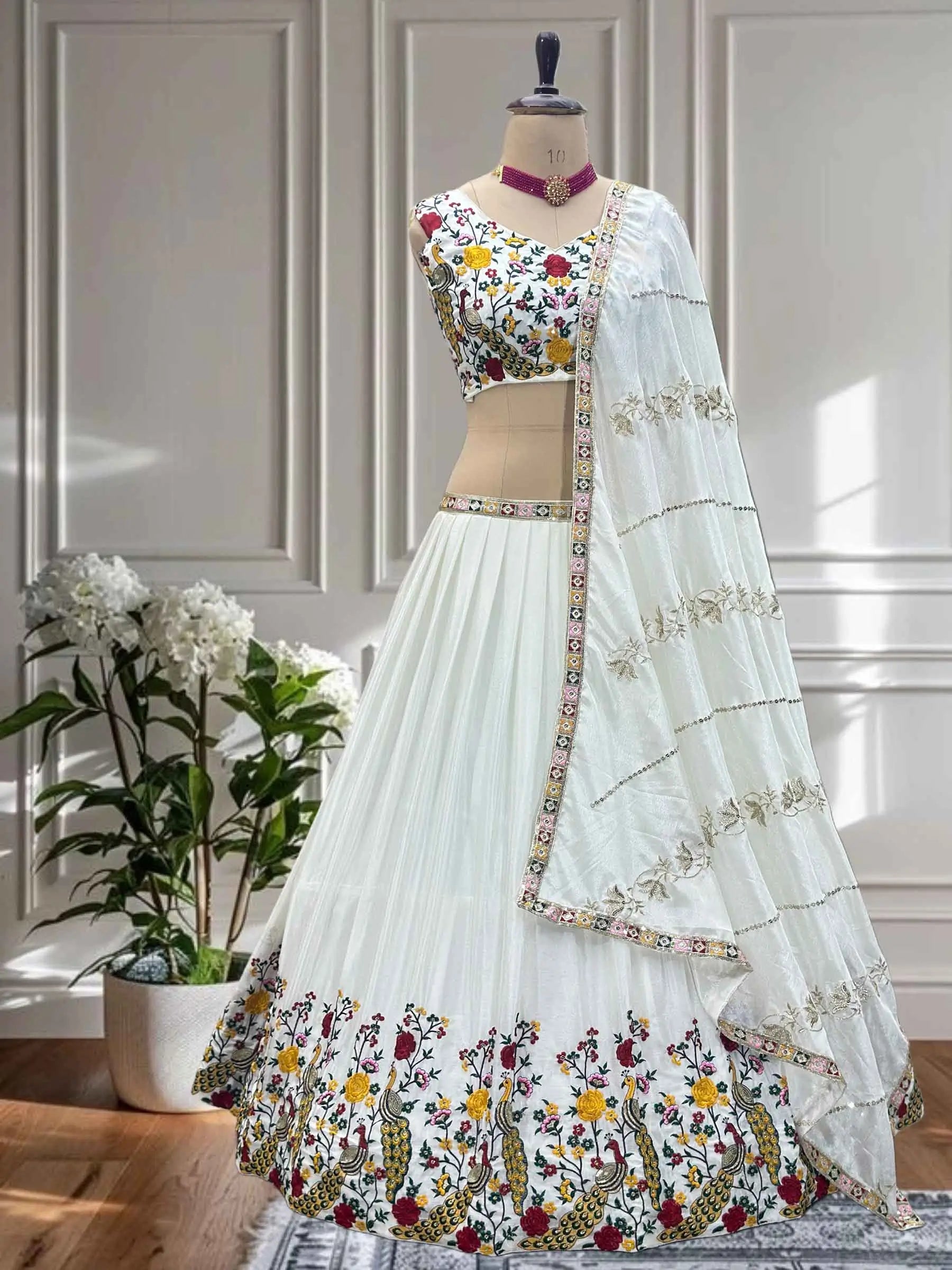 White Multi Thread Sequins Embroidery Design Work Lehenga Choli - qivii