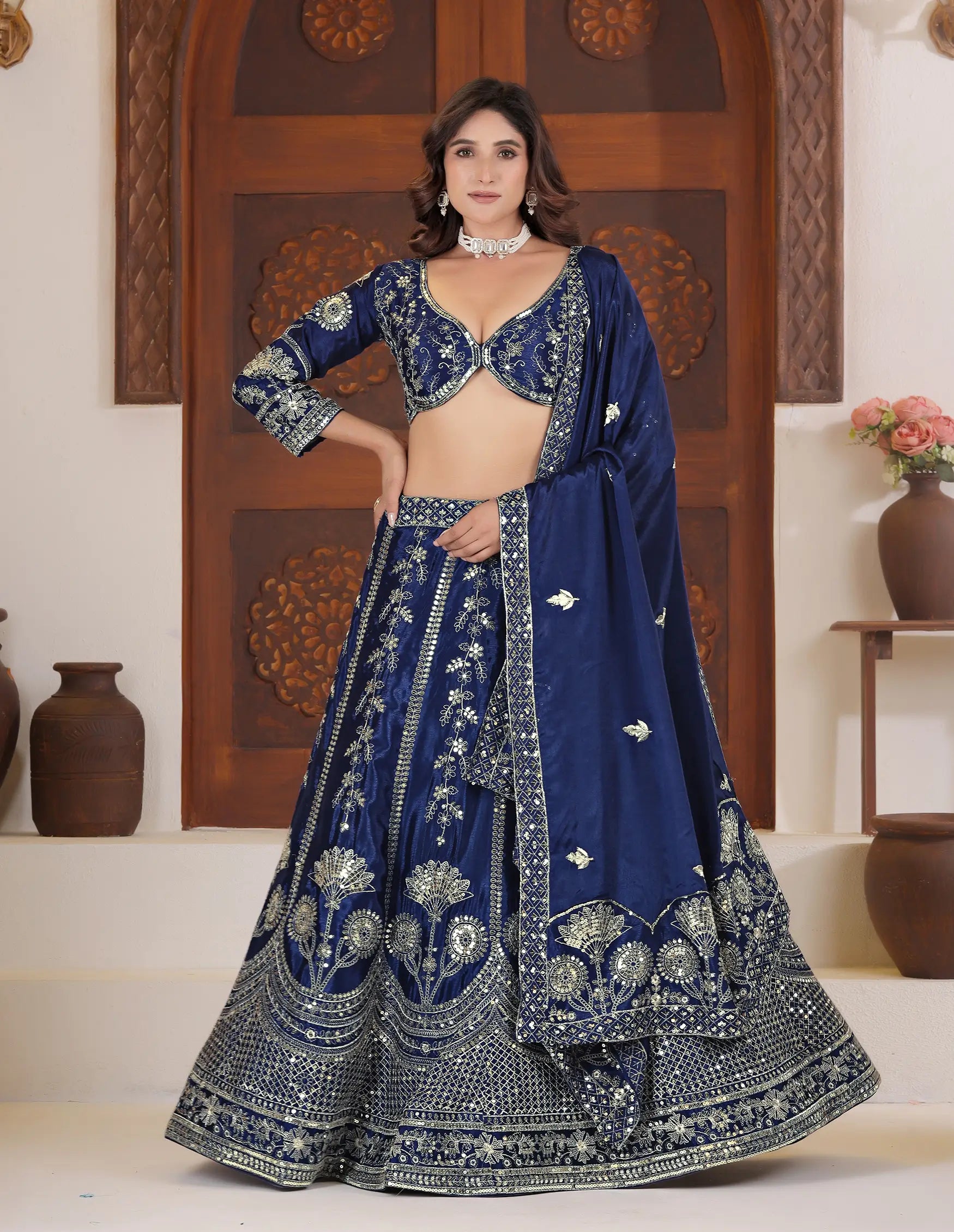 Blue Lehenga Choli With Sequins Zari Embroidery Work