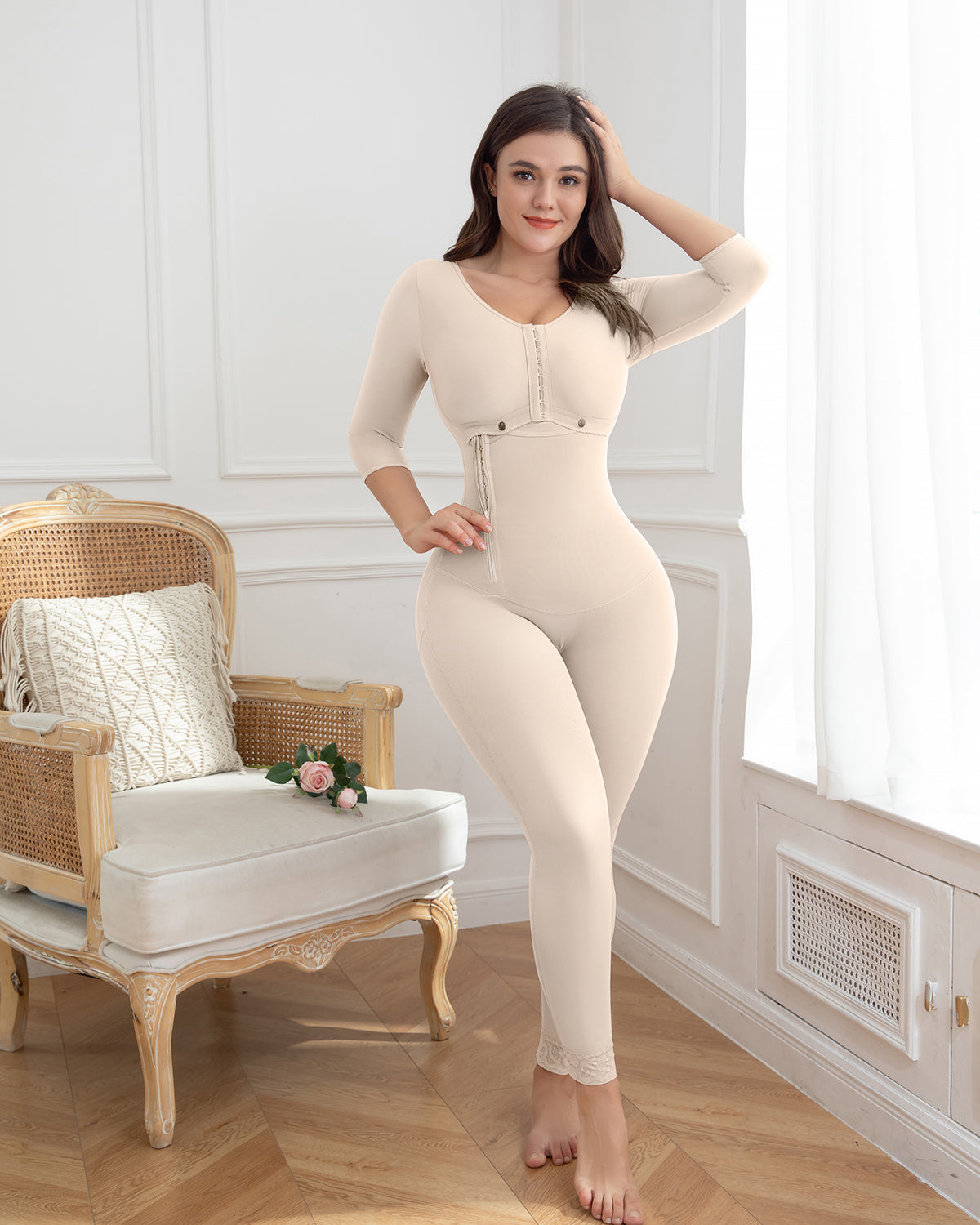 Shapshe® Beige Long Sleeves Full Bust Slimming Firm Full Body Shaper Shapewear - By Qivii