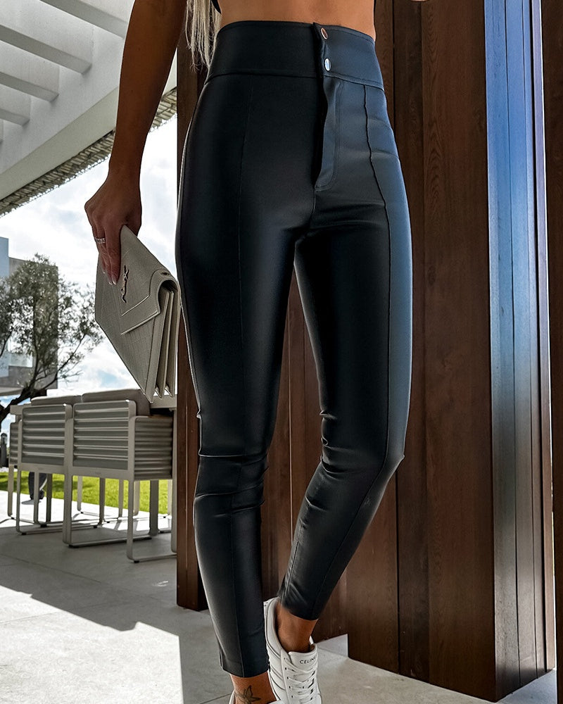 High Waist Hip Lift Casual Stretch Spliced Faux Leather Pants - By Qivii