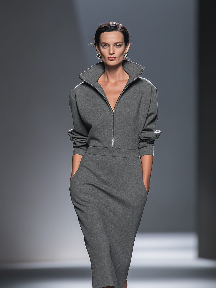 Women's Casual Cotton Polyester Half Zip Midi Dress MDA0570H1I