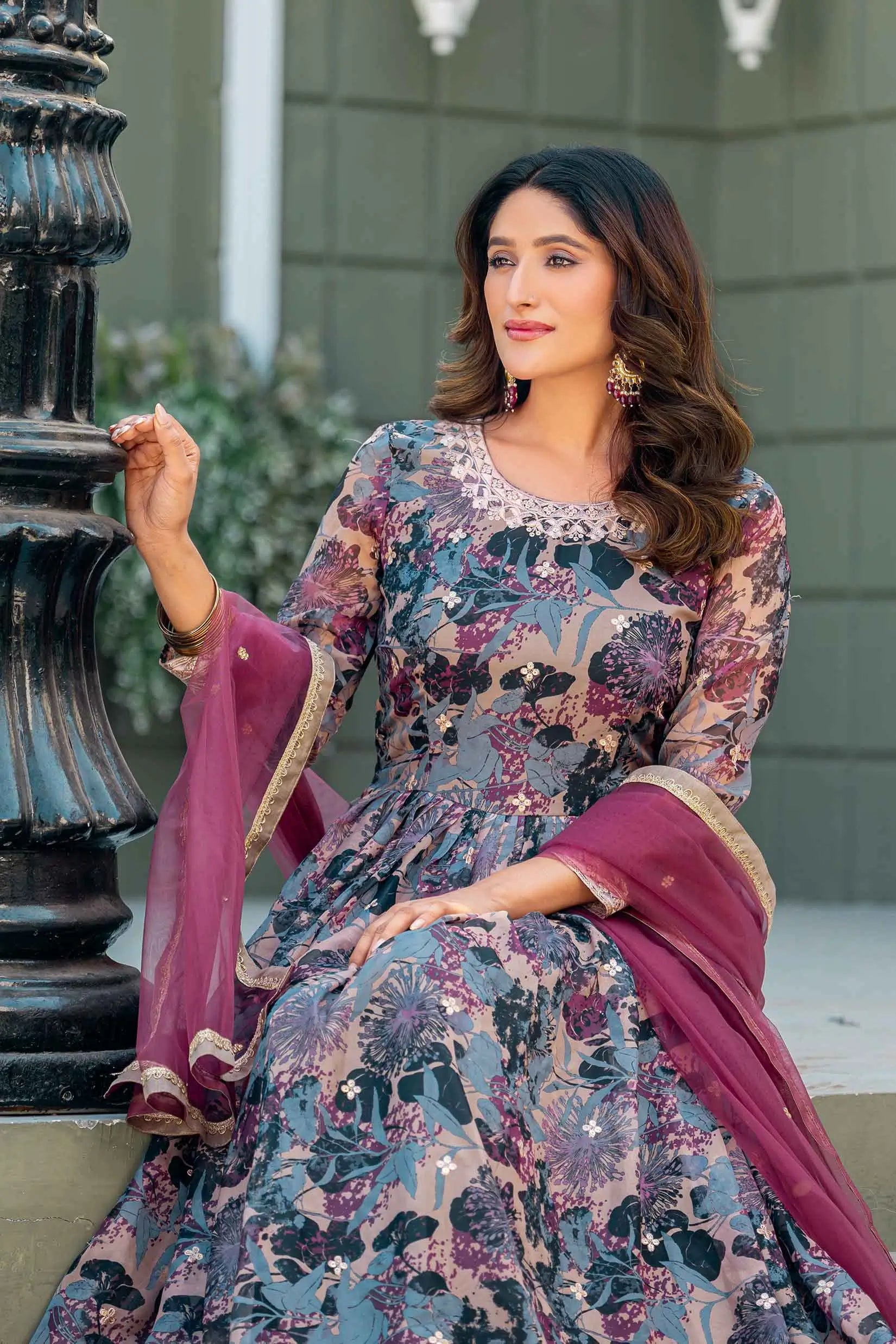 Purple Multi Floral Embroidery Work Gown