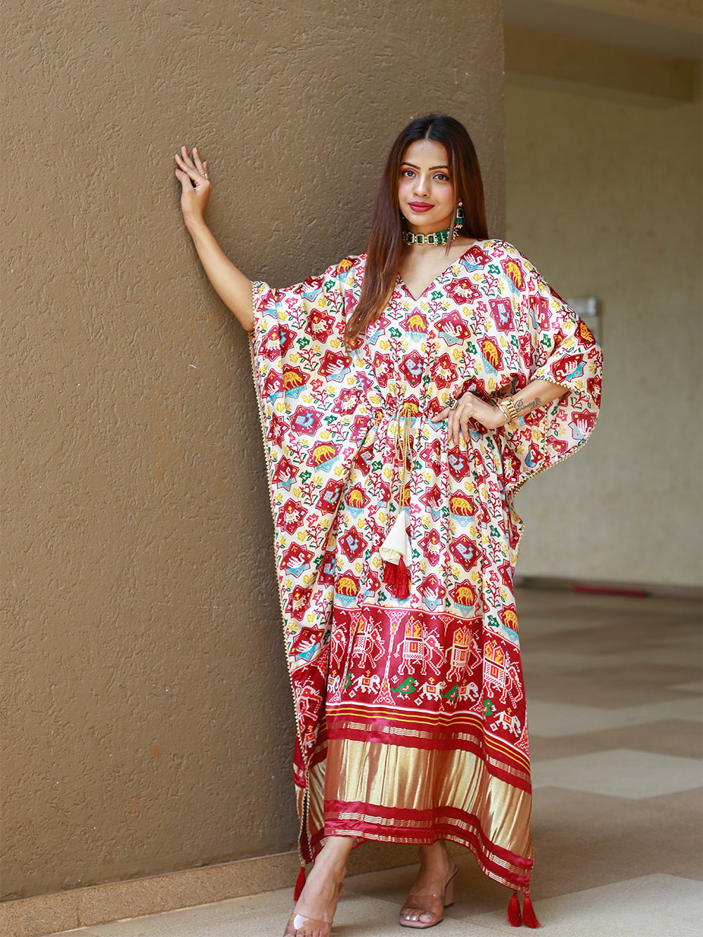 White Color Bandhej Digital Print Pure Gaji Silk Kaftan - qivii