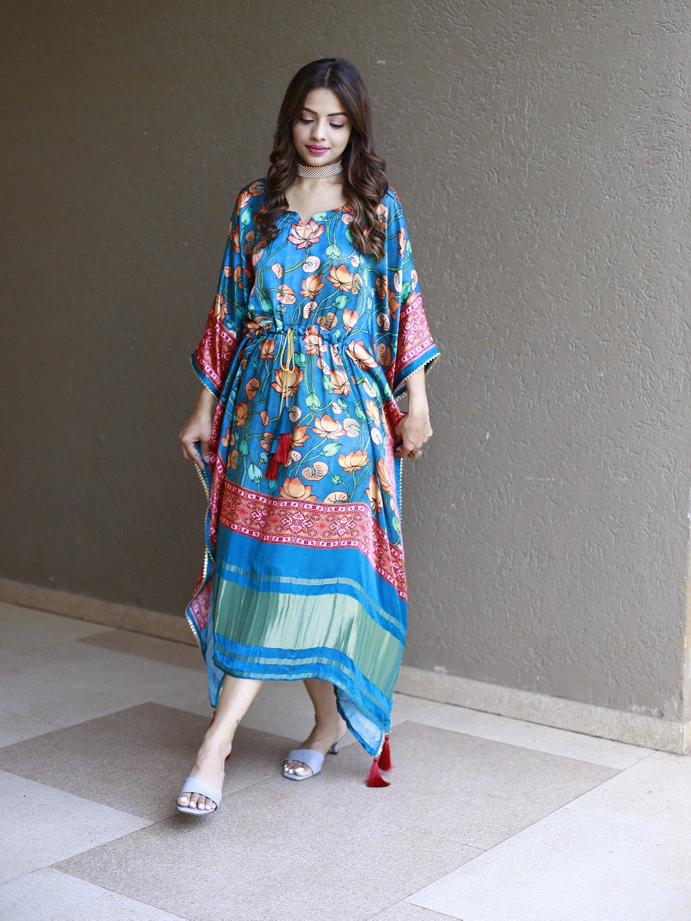 Teal Color Digital Printed Pure Gaji Silk Kaftan Dresses - qivii