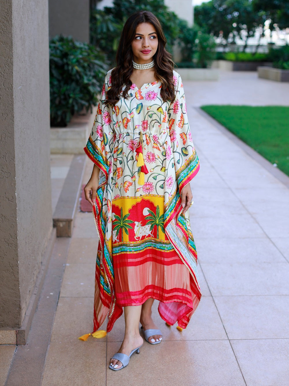 White Color Digital Printed Pure Gaji Silk Kaftan Dresses - qivii