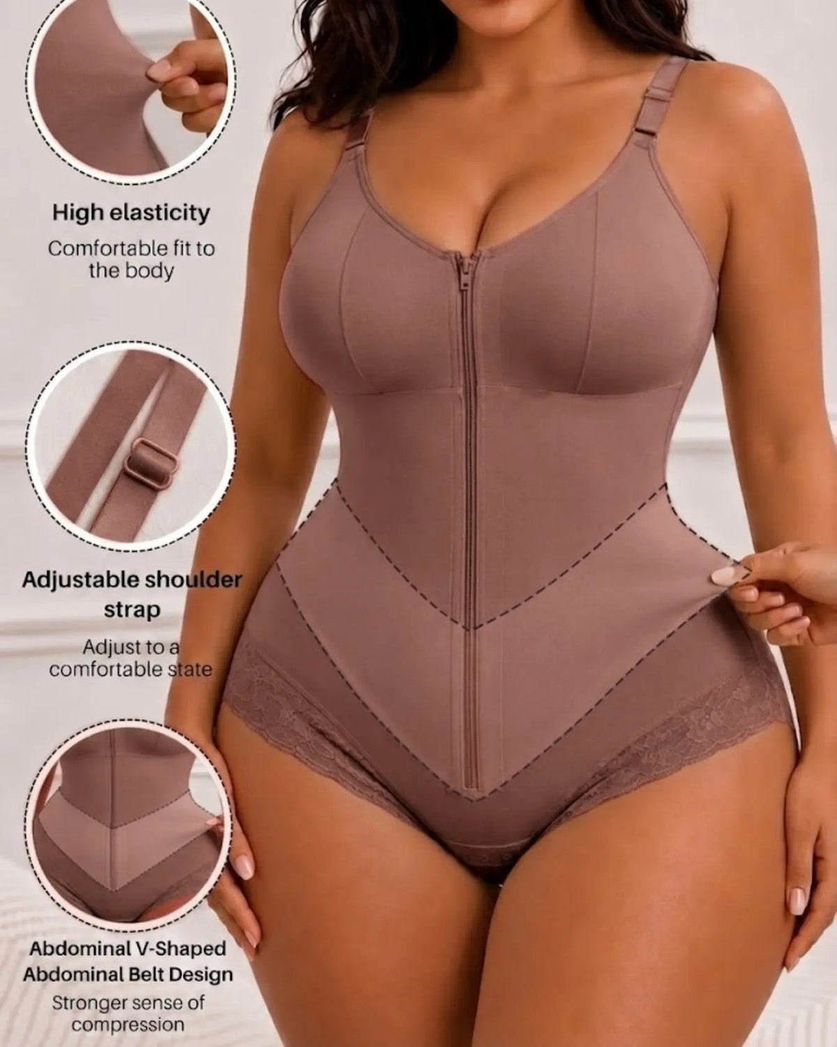 Front Zip Adjustable Strap Tummy Control Butt Lifting Bodysuit Shapewear