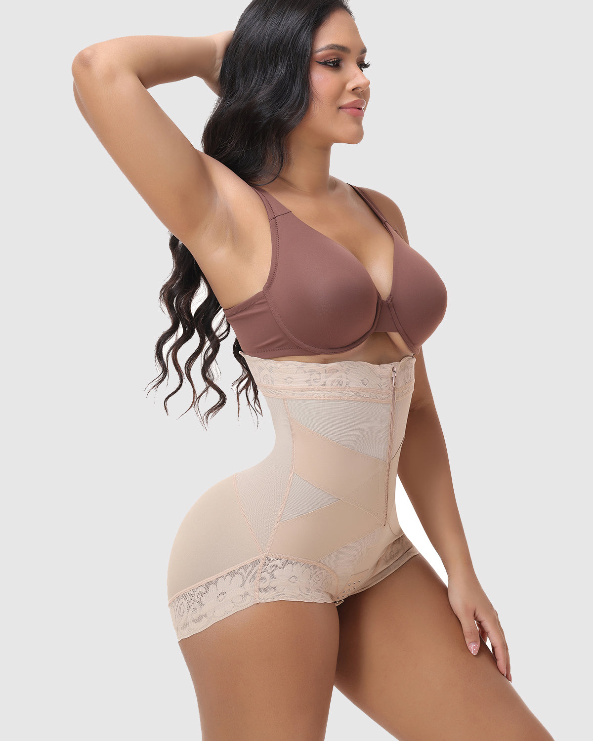 Detachable Strap Front Zip Lace Tummy Control Butt Lifting High Waist Shapewear Shorts