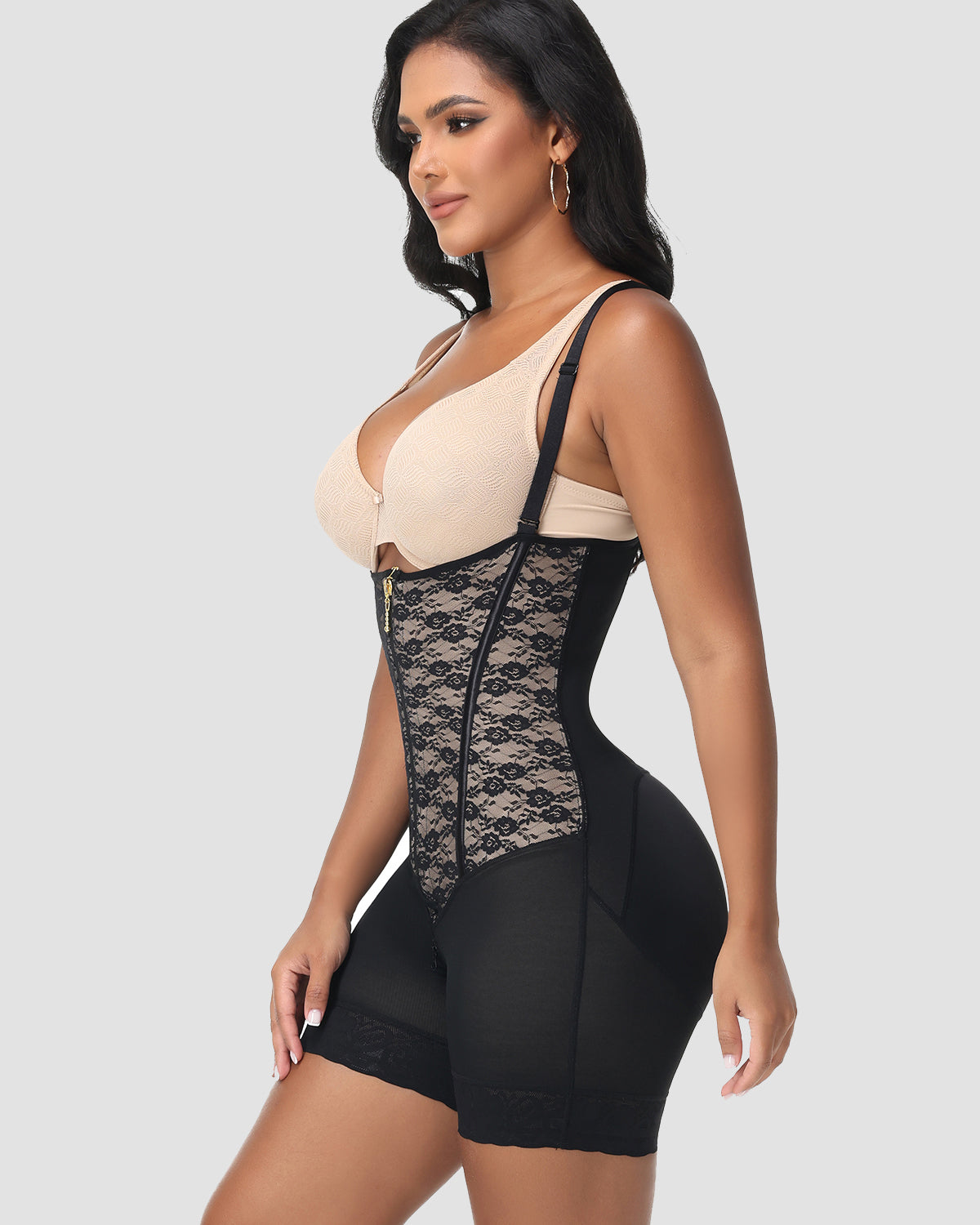 Extra Firm Hourglass Waist Tummy Control Zipper Shapewear with Lace