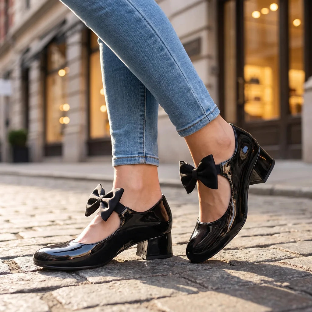 Hudson Ridge Doris women's bow-tie Mary Jane heels with stylish design and multi-color details, perfect for elegant footwear.