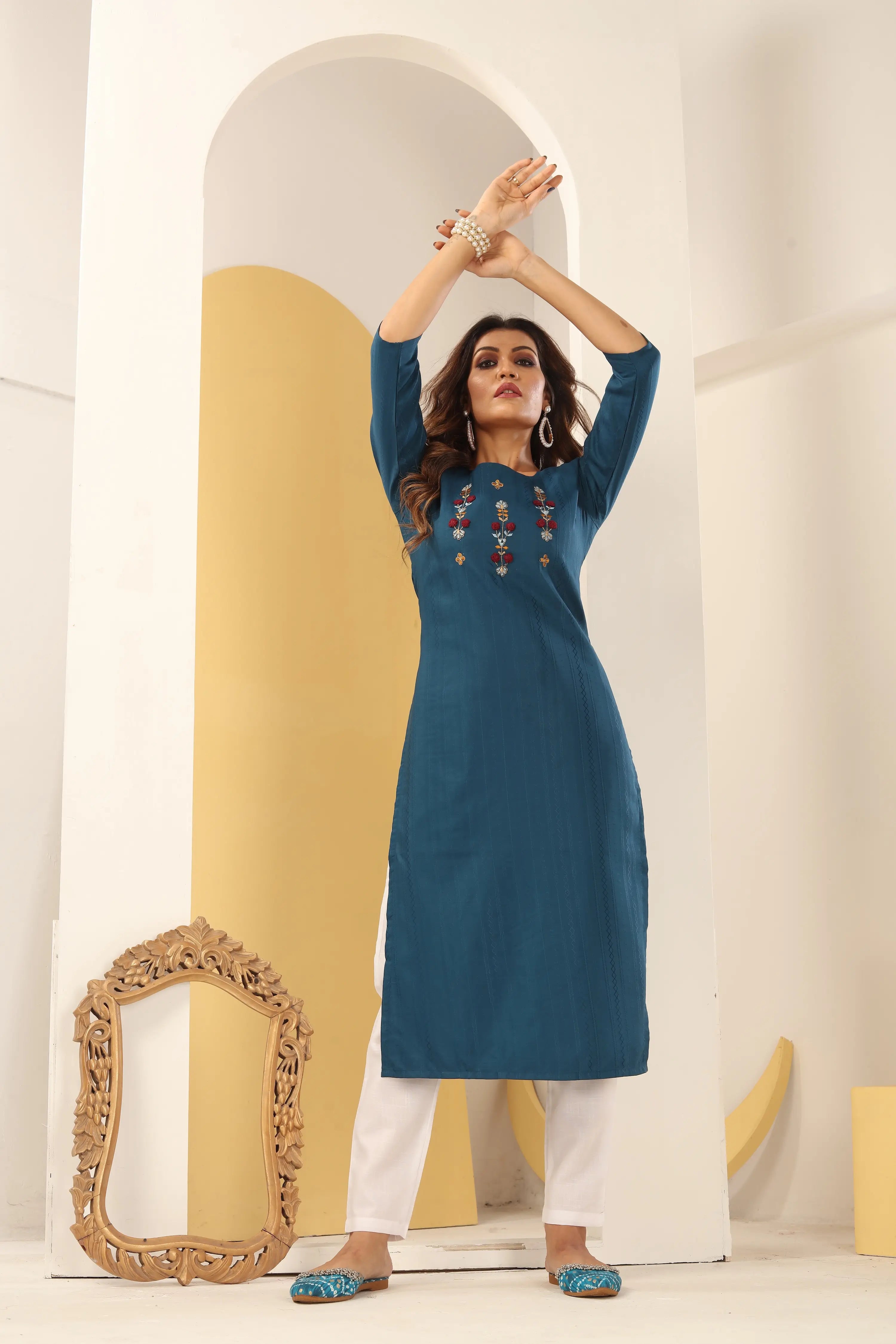 Cyan Blue Straight Kurta Set with Handmade Embroidery - qivii