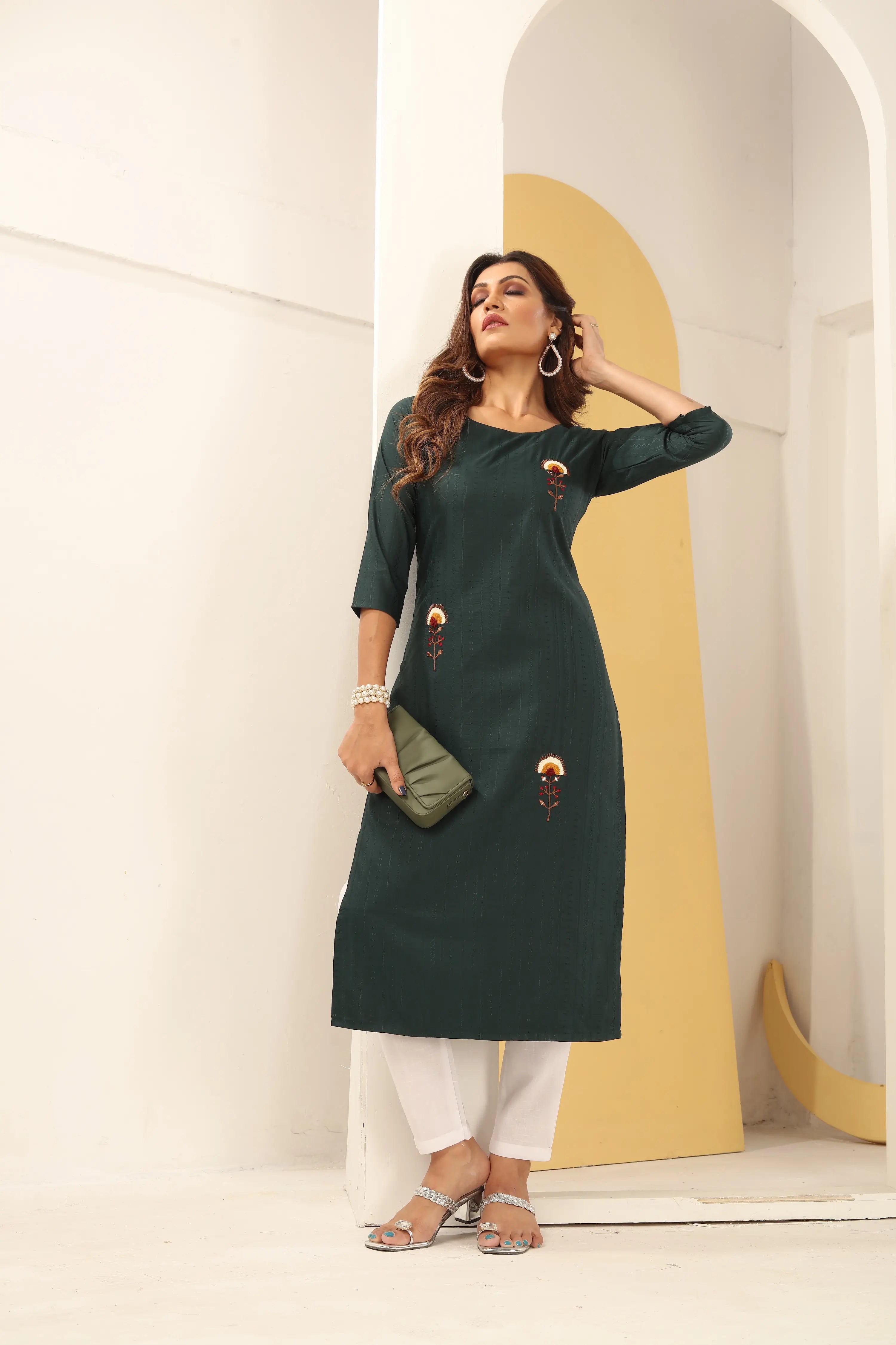 Green Silk Straight Kurta Set with Handmade Embroidery - qivii