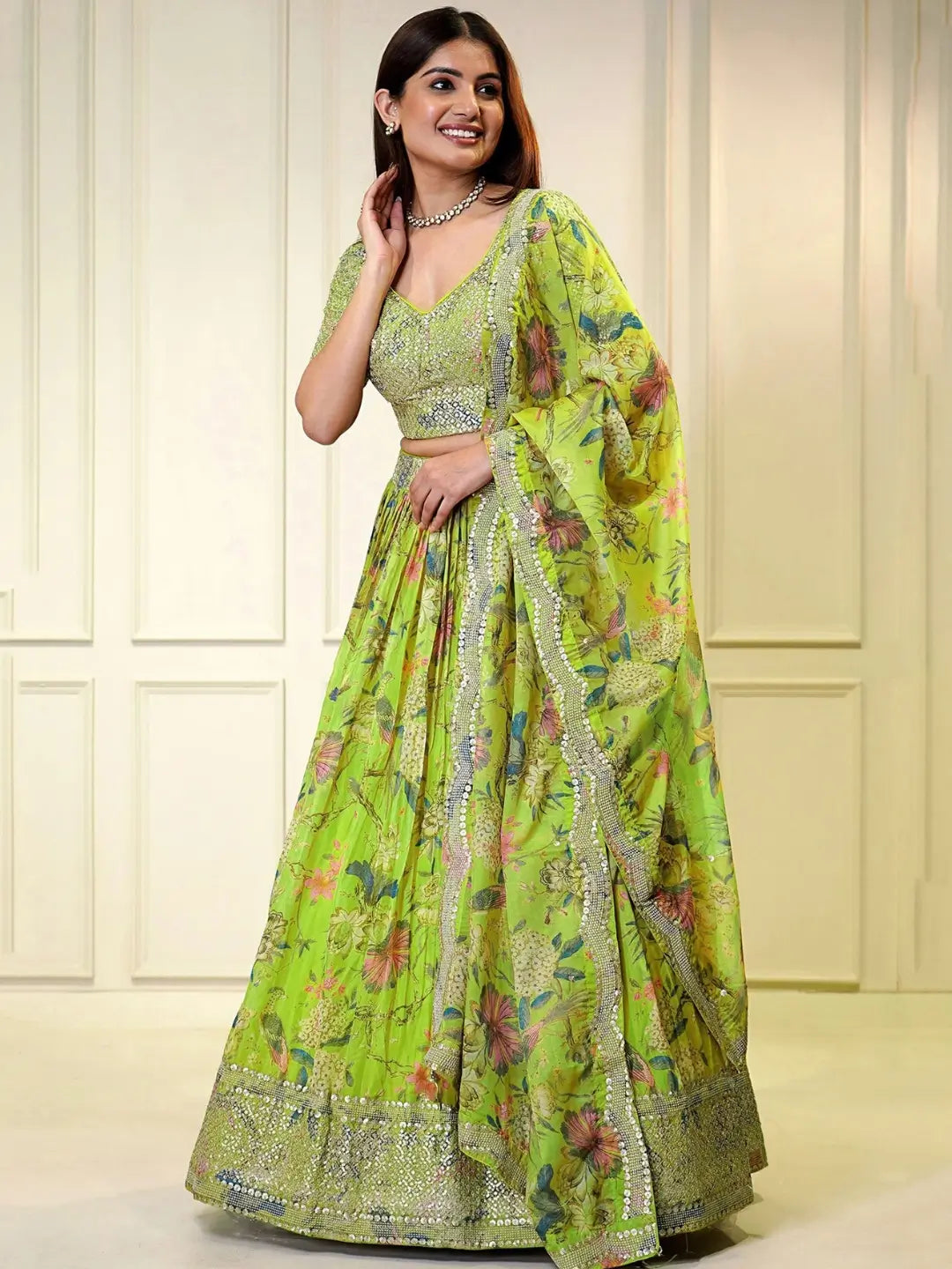 Parrot Green Floral Printed Embroidery Work Organza Lehenga With Dupatta - qivii