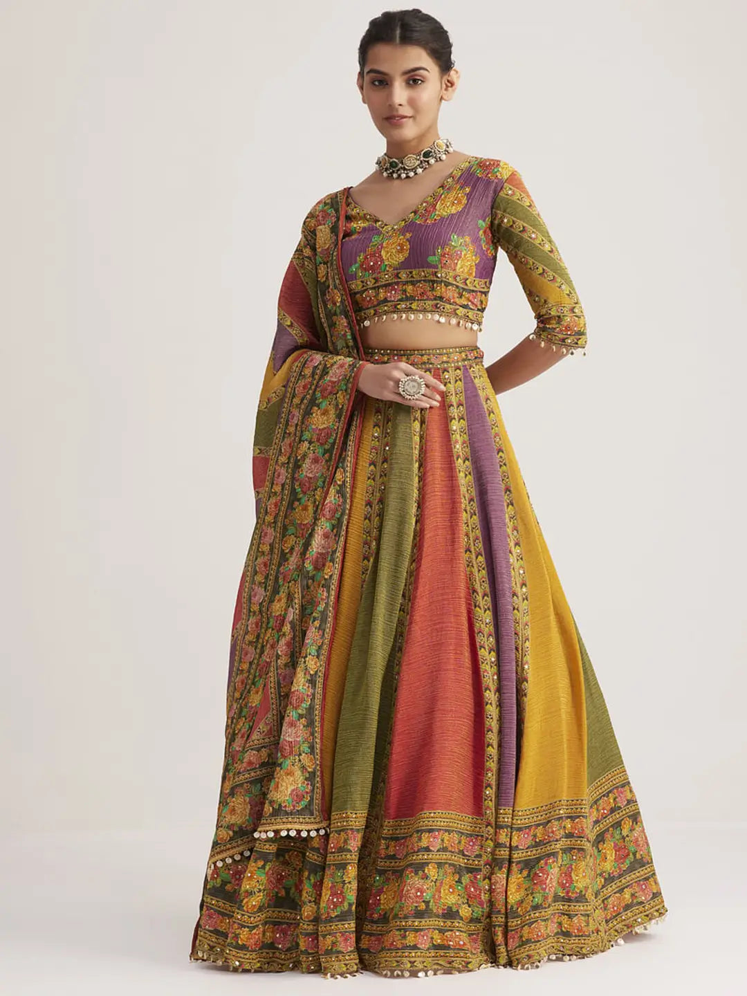 Multi Color Floral Printed Hand Work Pure Soft Organza Lehenga With Dupatta - qivii