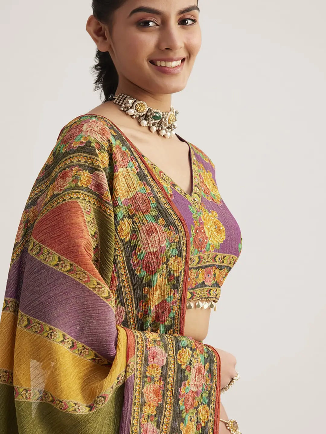 Multi Color Floral Printed Hand Work Pure Soft Organza Lehenga With Dupatta - qivii