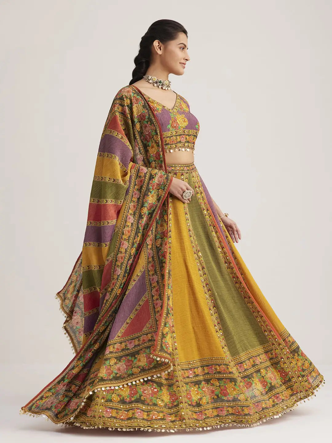 Multi Color Floral Printed Hand Work Pure Soft Organza Lehenga With Dupatta - qivii
