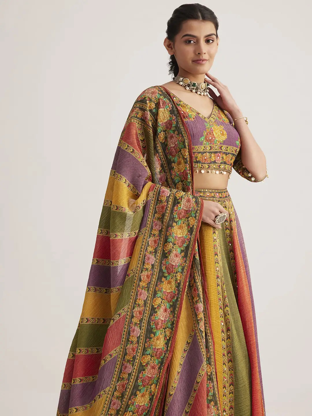 Multi Color Floral Printed Hand Work Pure Soft Organza Lehenga With Dupatta - qivii