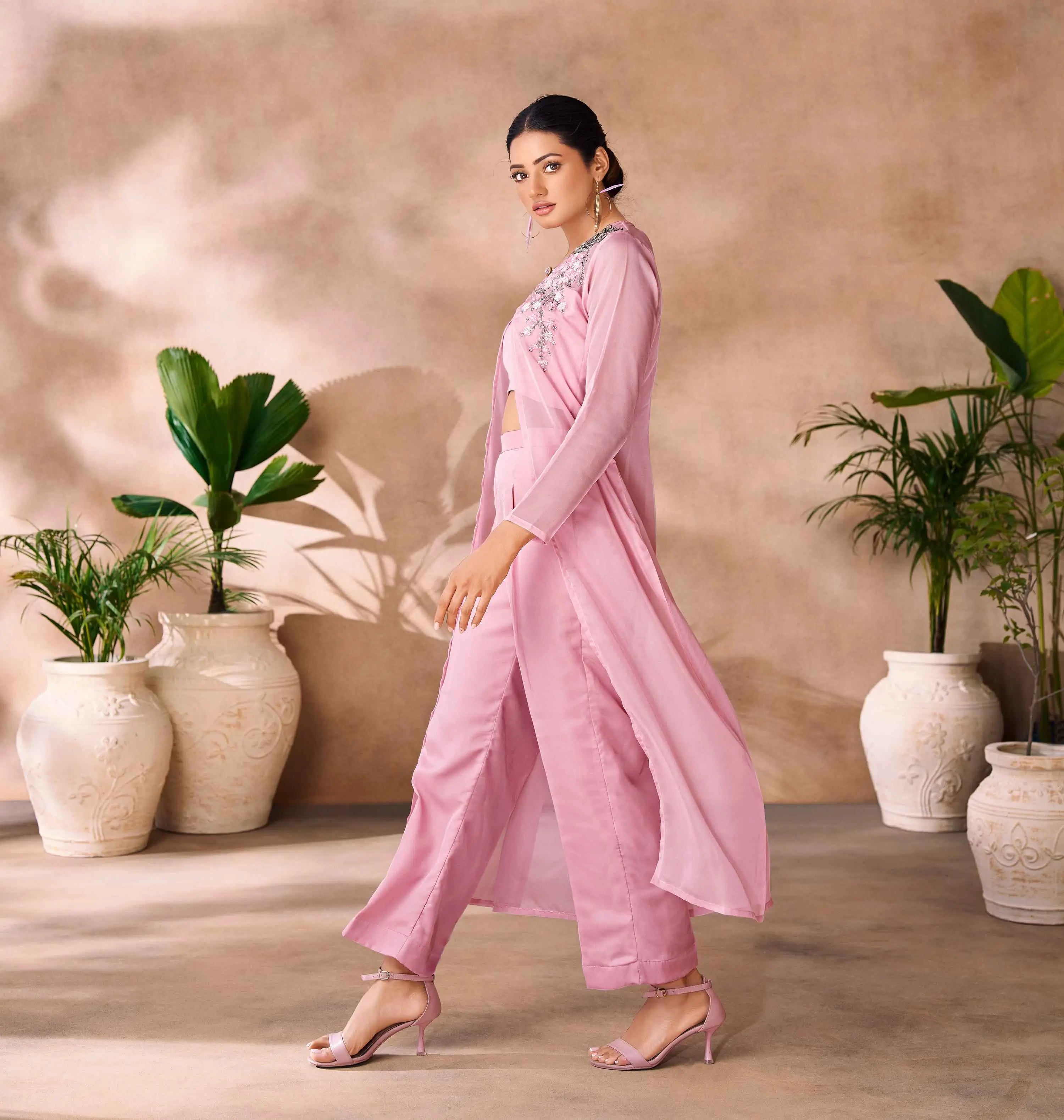 Baby Pink Hand Work Stylish Organza Indo-Western With Long Shrug - qivii