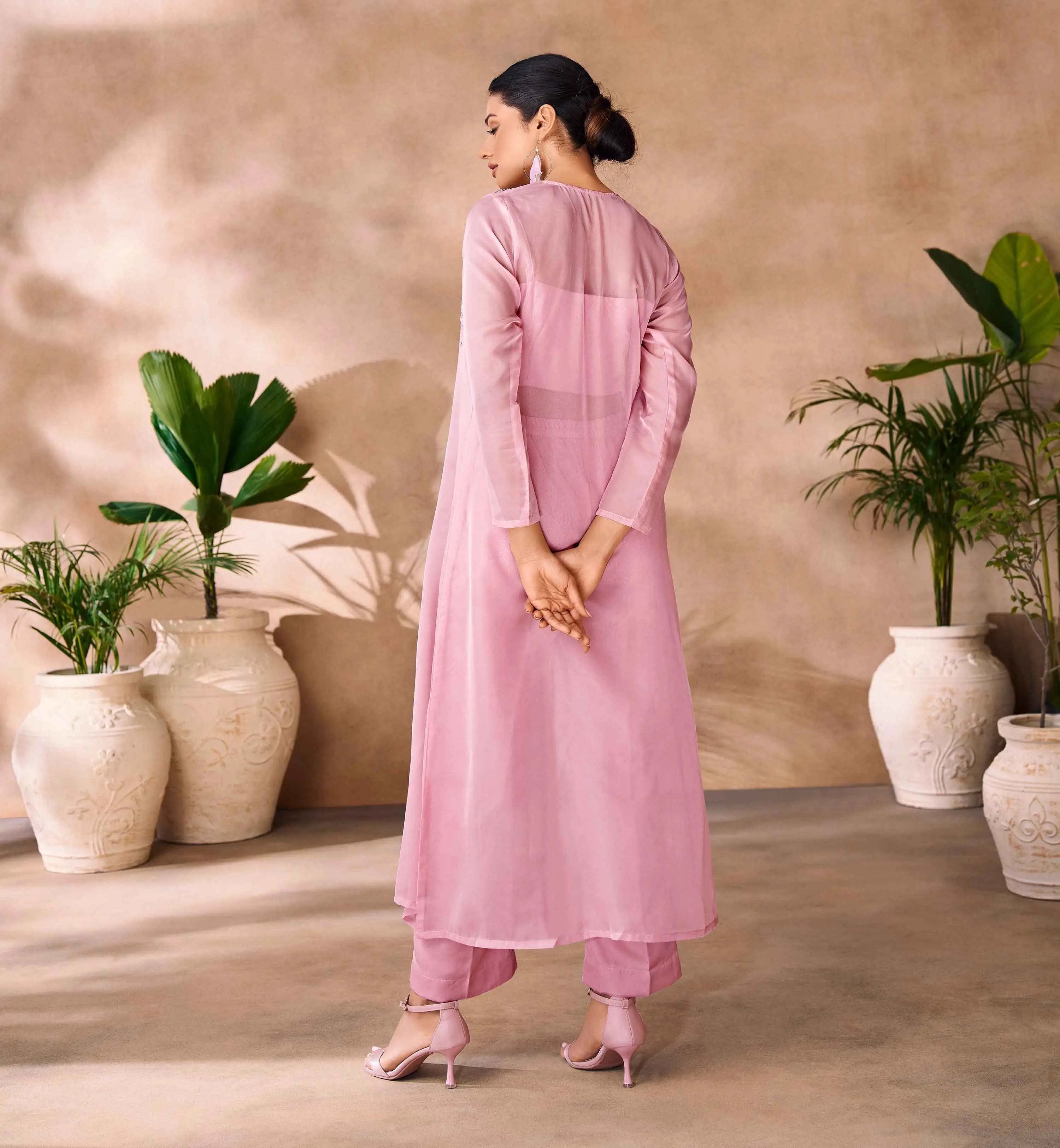 Baby Pink Hand Work Stylish Organza Indo-Western With Long Shrug - qivii