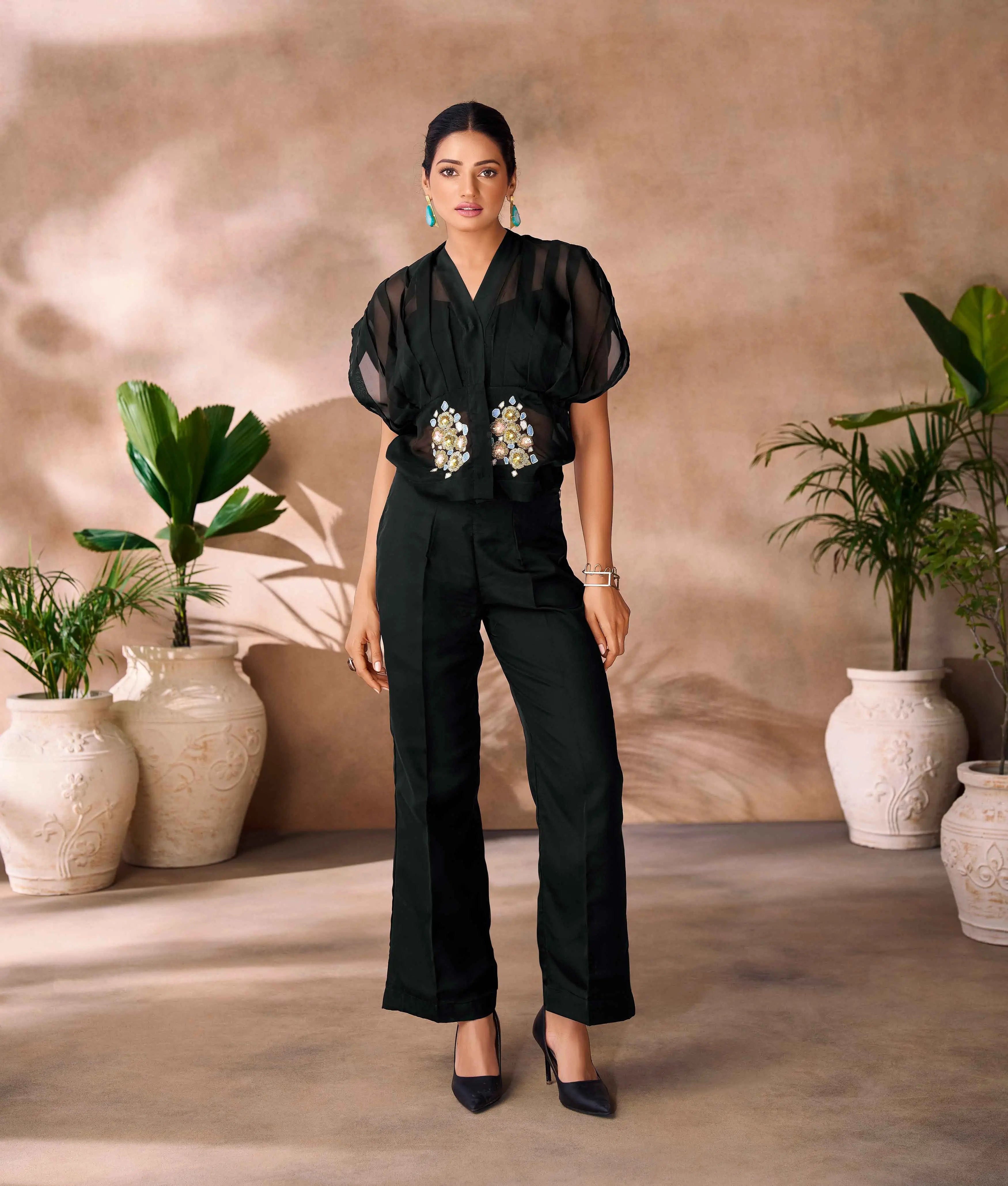 Beautiful Designer Black Organza Floral Hand Work Co- Ord Set