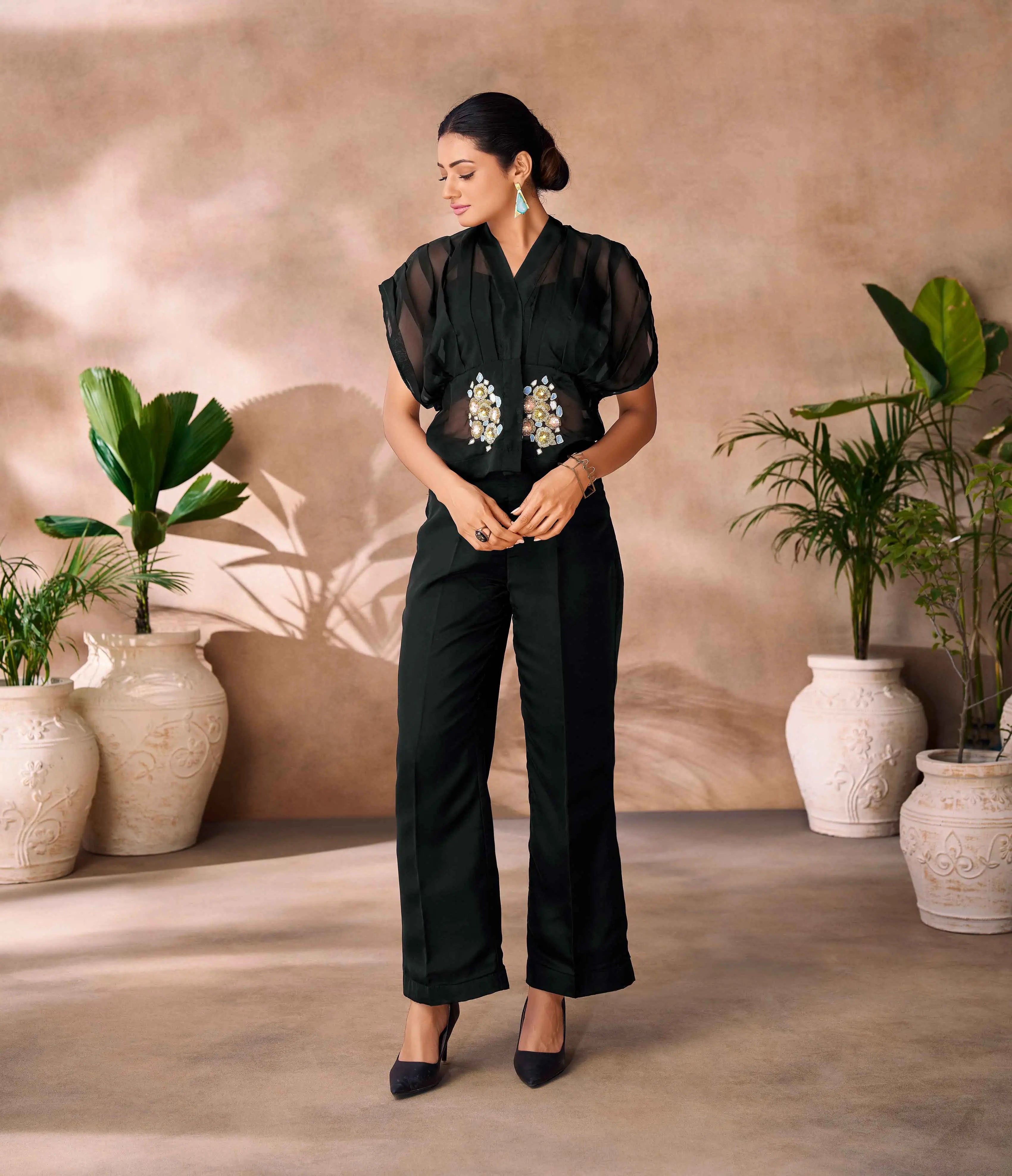 Beautiful Designer Black Organza Floral Hand Work Co- Ord Set