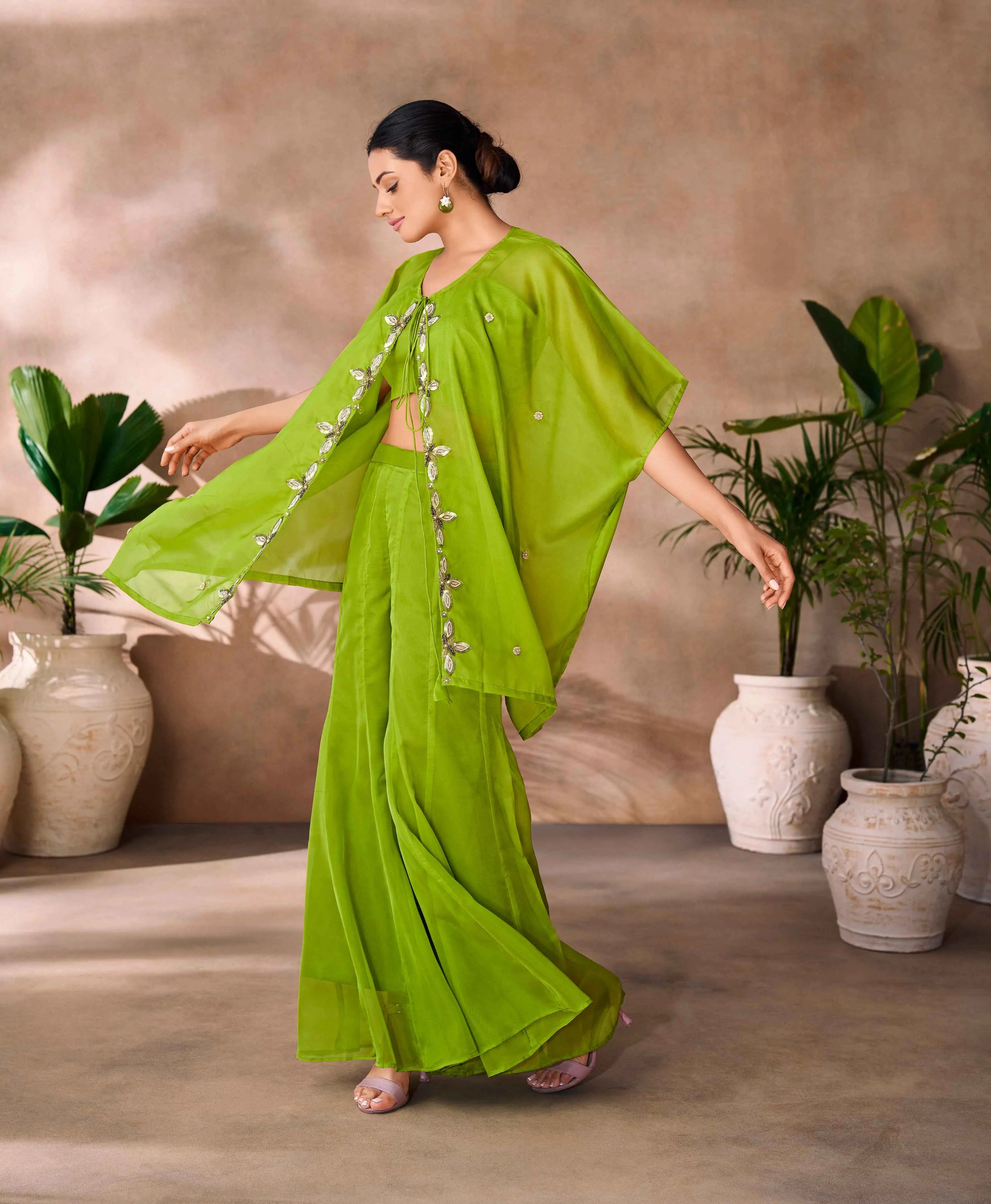 Parrot Green Hand Work Organza Indo Western With Cap - qivii