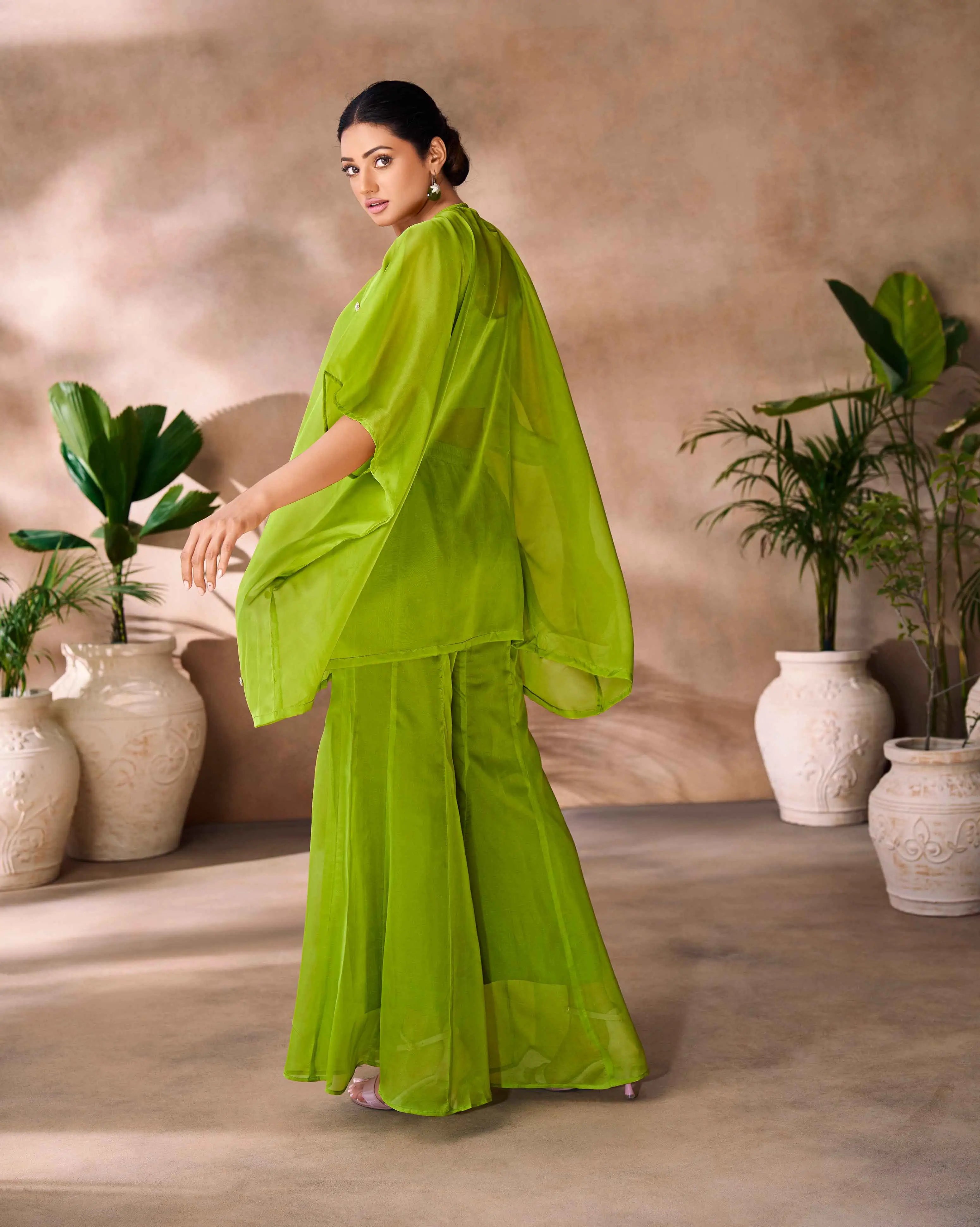 Parrot Green Hand Work Organza Indo Western With Cap - qivii