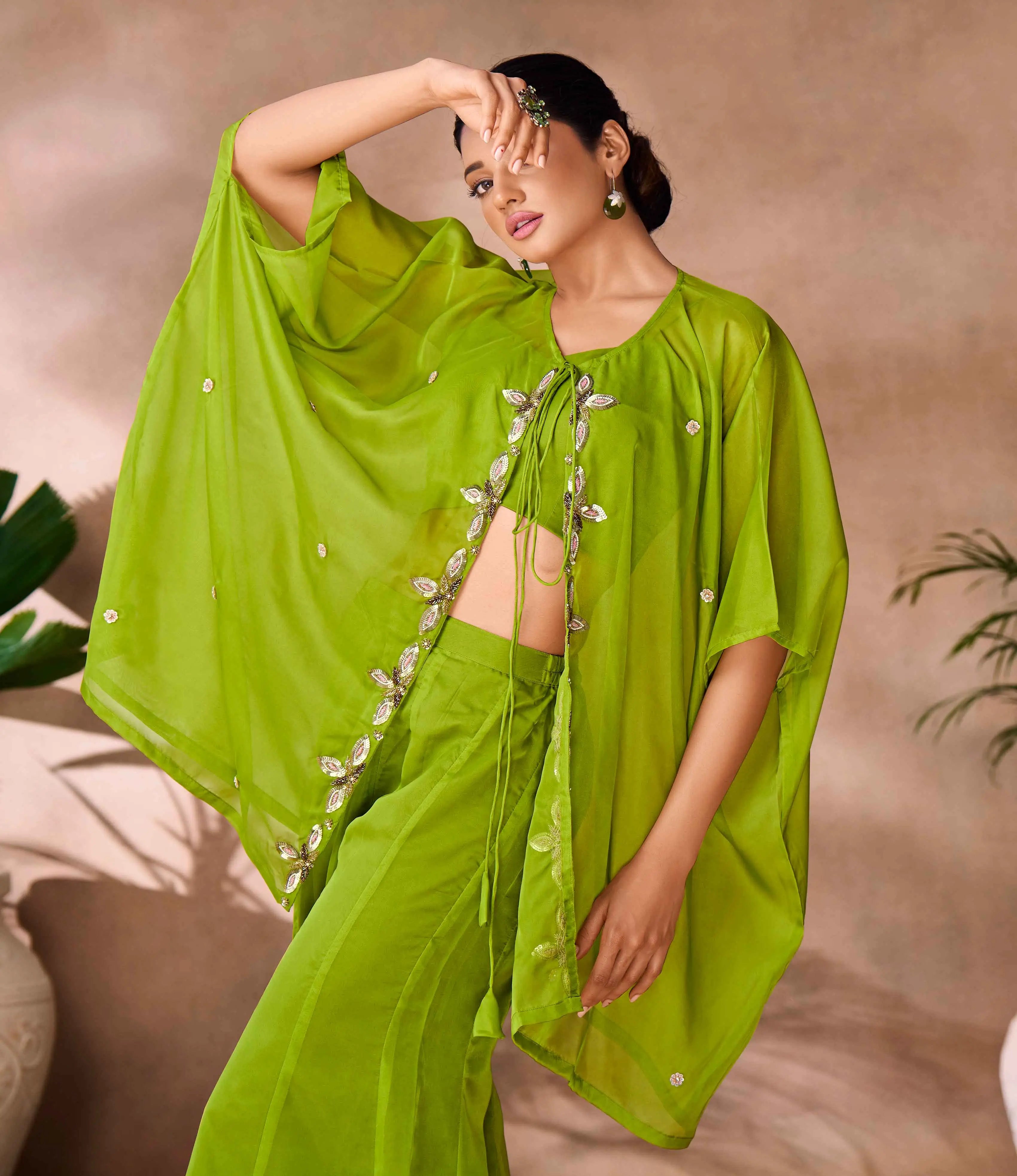 Parrot Green Hand Work Organza Indo Western With Cap - qivii