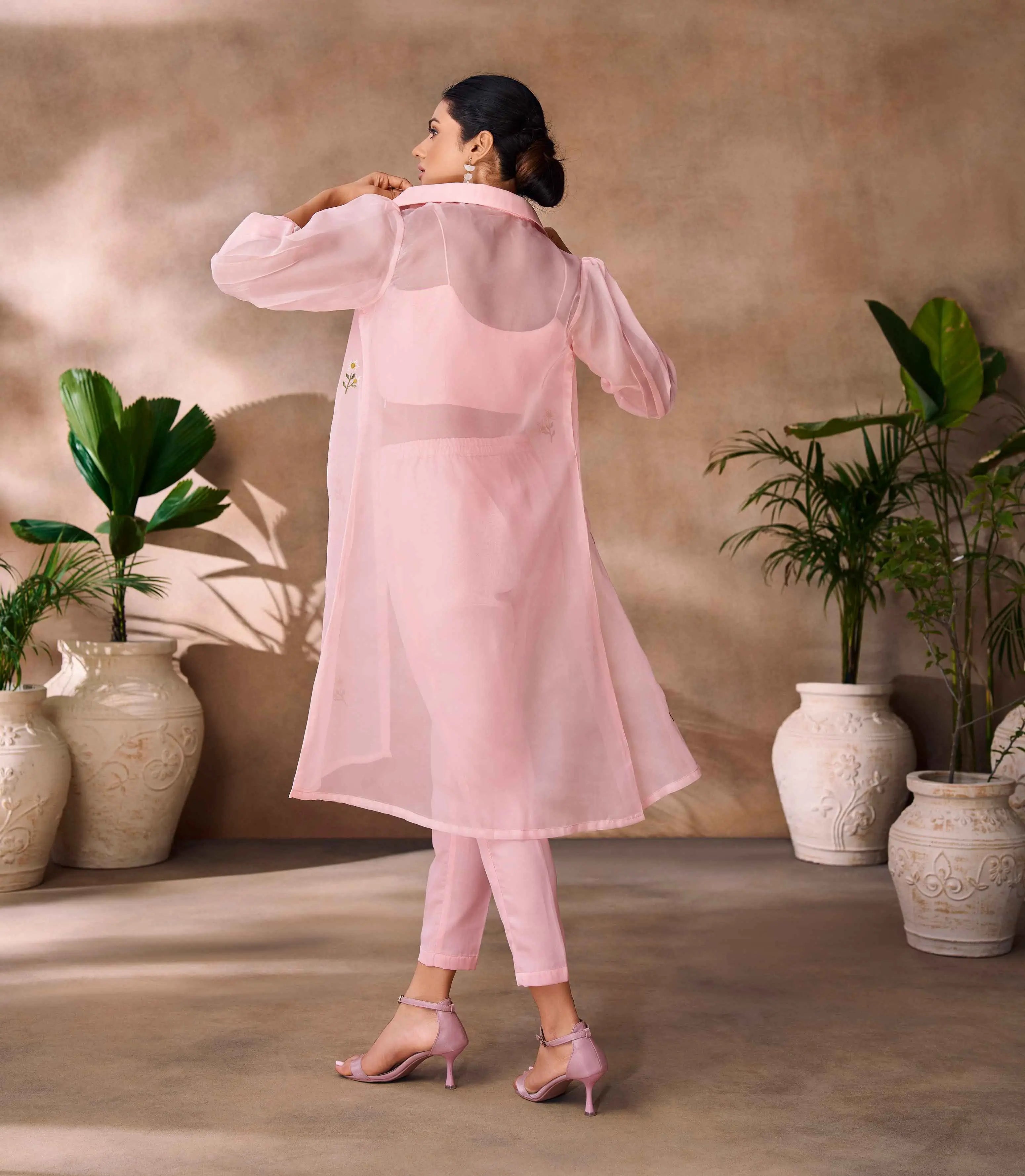 Peach Hand Work Stylish Organza Indo-Western With Long Shrug - qivii