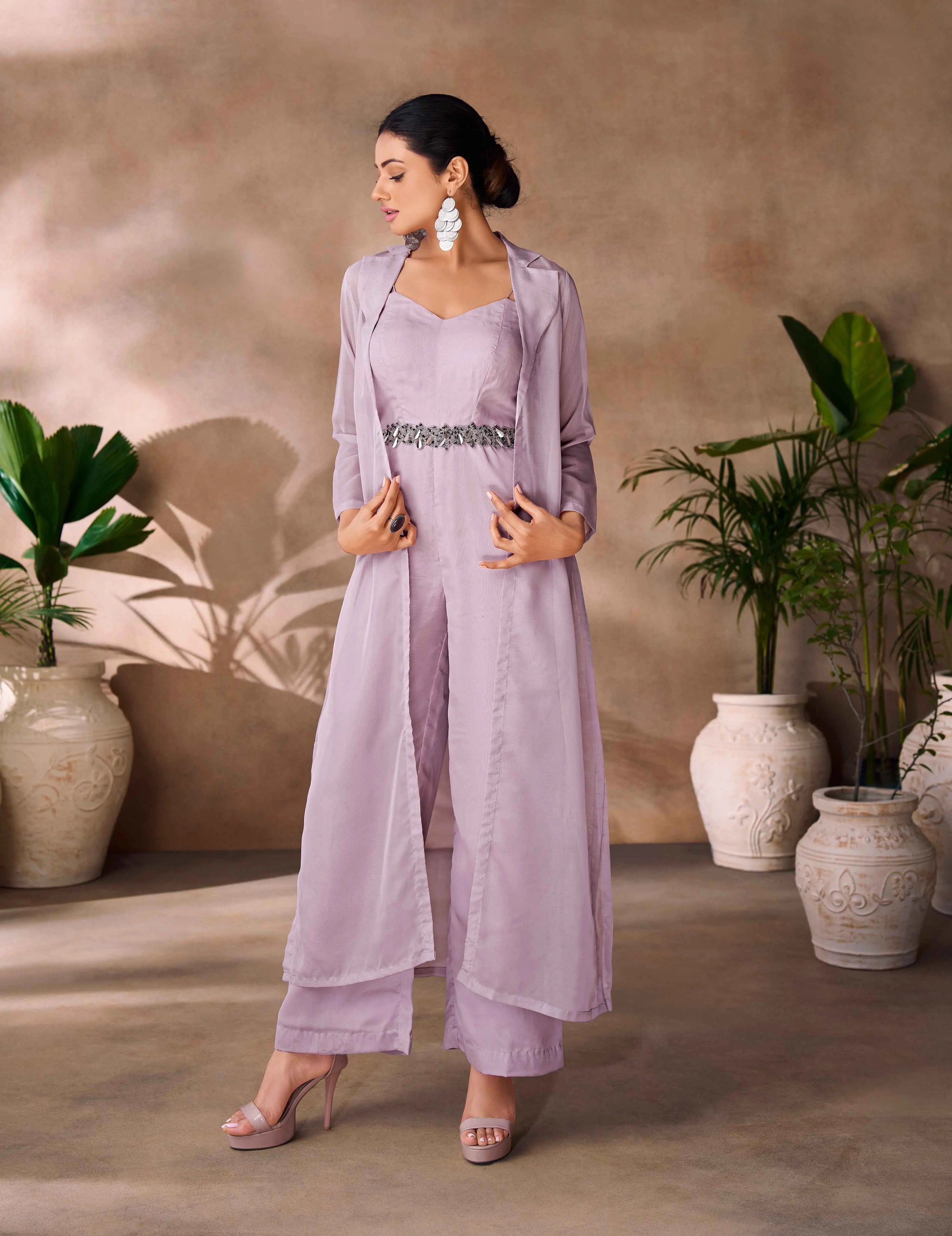 Most Trendy Lavender Hand Work Organza Indo Western Jumpsuit - qivii